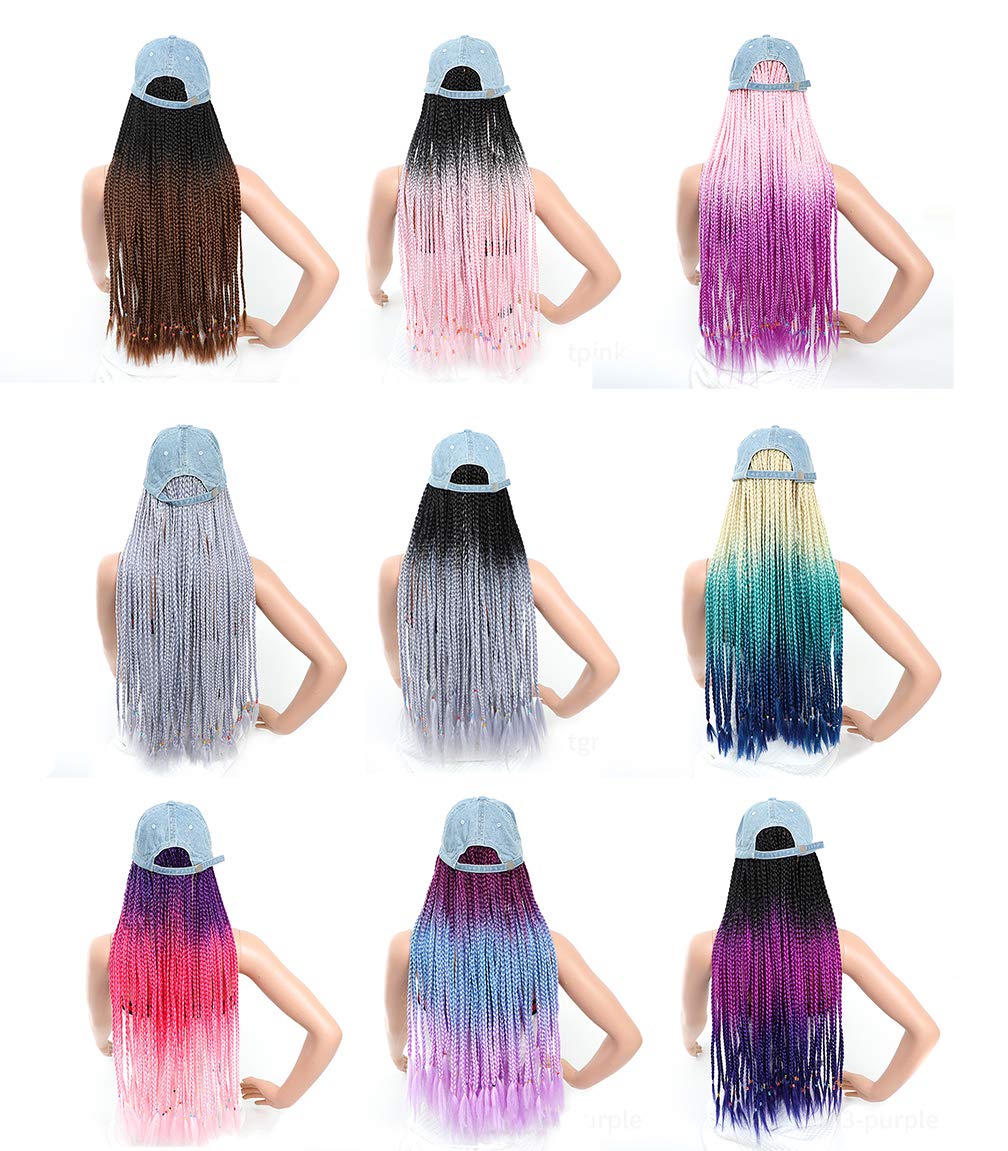 KXW Long Colorful Braided Wigs with Baseball Cap Hat for Black Women, Box Braid Wig Crochet Hair, Hat Wig Braids Wig with Hat attached, Hip Hop Punk Style 90s Party (16 colors, 24in/60cm)