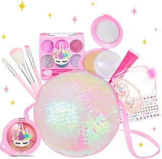 Maquillaje para Niñas, Anpro Lentejuelas de Color Rosas Kit de Maquillaje Niñas para Niños Maquillaje Lavable y Seguro para Niñas, Juguete de Maquillajepara cumpleaños 3 4 5 6 7 8 9 10 Años