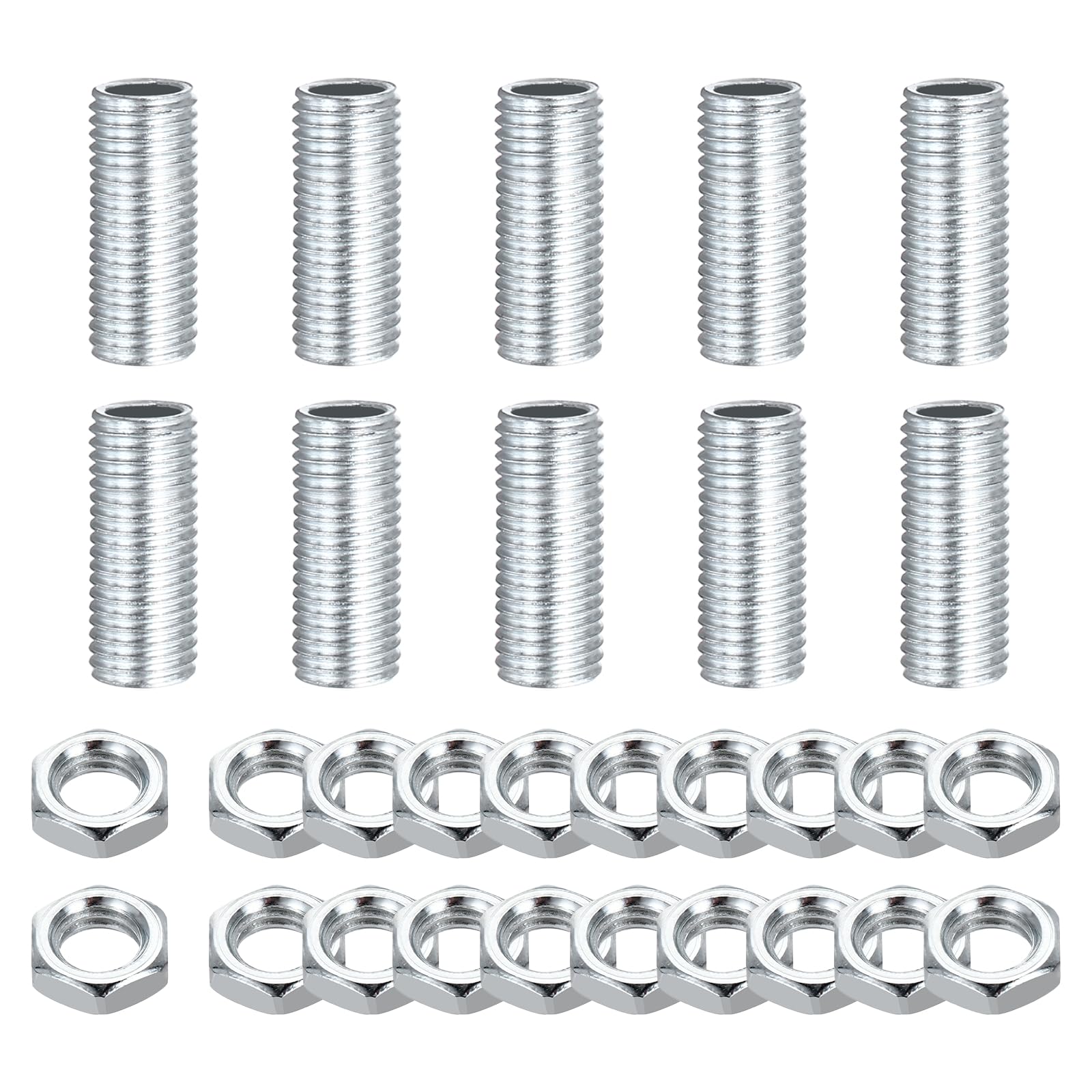 sourcing map 10Pcs 15mm Lamp Pipe Nipples Kit with Lock Nuts, M8x1 Fine All Threaded Hollow Tube Lamp Repair Hardware Fasteners for Chandelier Ceiling Lamps Assembly DIY, White Zinc — image 1