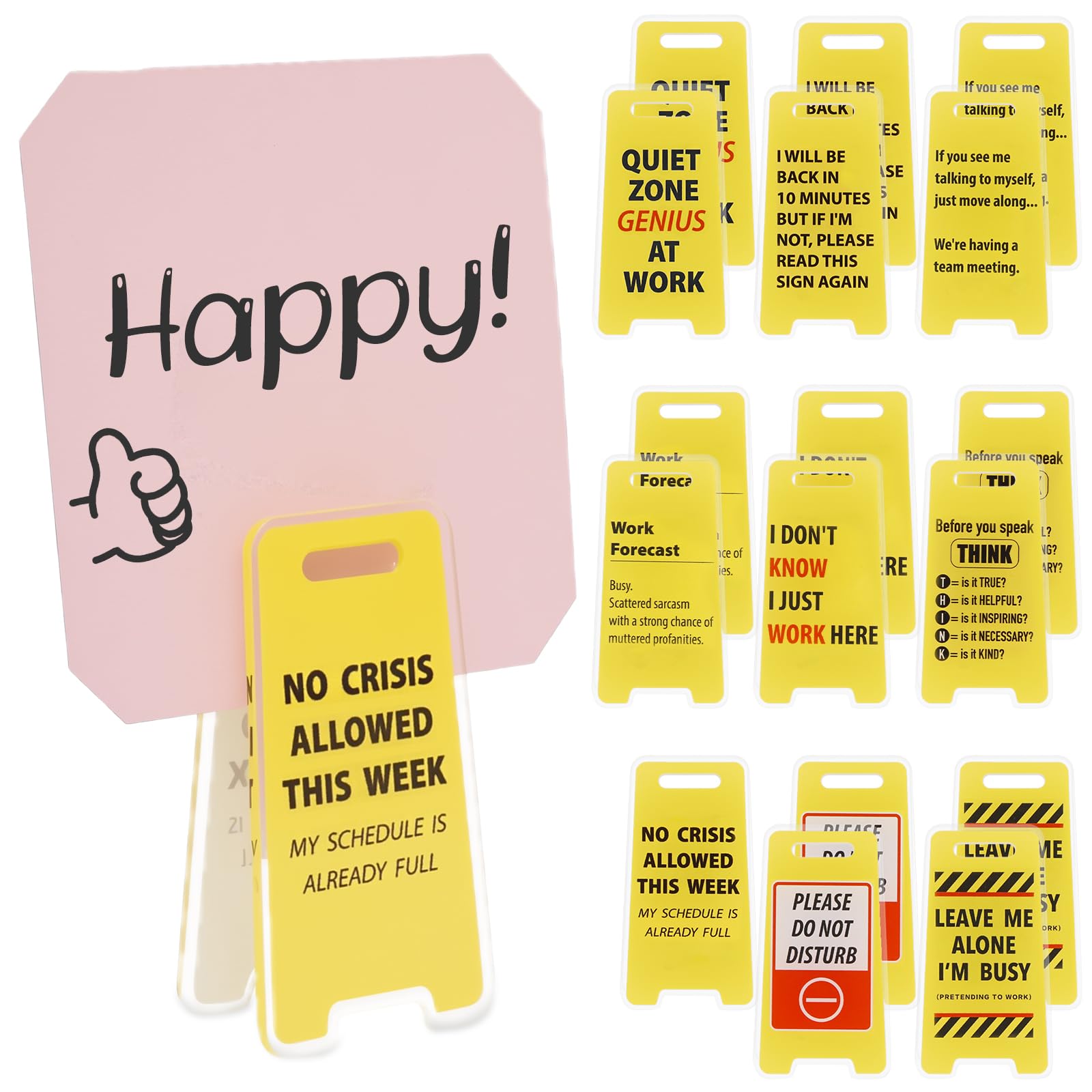 18Pcs Funny Desk Sign with Sticky Note Holder Clip Mini Acrylic Yellow Caution Desk Sign Caution Overstimulated Desks Signs Funny Office Decoration for Coworkers Employees