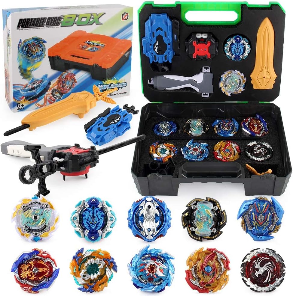 JIMIBey Battle Top Blade Burst Metal Fusion Set, 10 Spinning Tops 3 Launchers Combat Battle Toy with Portable Storage Box Gift Ideas for Kids Ages 6 8 10 12+, 008