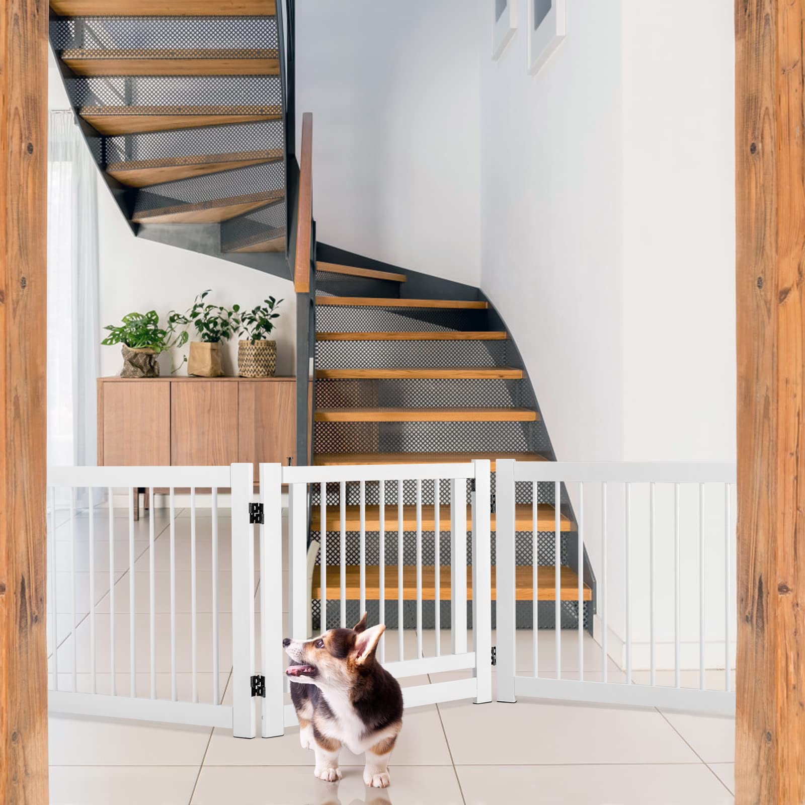 COSTWAY Barrera Plegable de 3 Paneles, Barrera de Seguridad Extensible para Perros, Recinto de Seguridad de Pino para Puertas, Escaleras, Pasillos, Montada 210 x 61 x 1,8cm