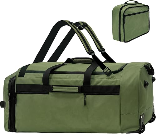 110L/120L Rolling Duffel Bag with Wheels - 28" No-Sag Design for Heavy Loads, Waterproof Travel Duffel w/Shoulder Straps and Dividers, Foldable Lightweight Design for Camping/Cargo/Air Travel, Green