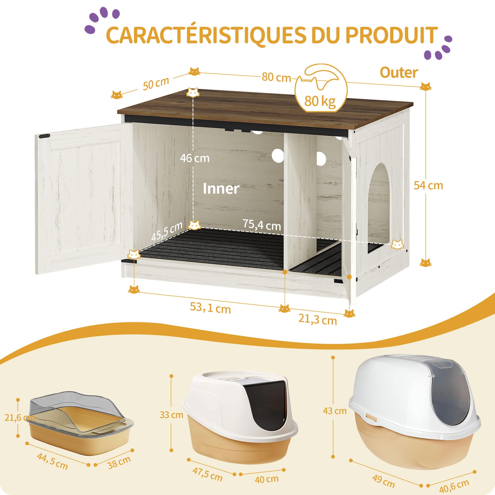 Hzuaneri Maison de Toilette Chat, Meuble Litiere Chat, Meuble à Litière avec Cloison Amovible, Maison pour Chats, Entrée Réversible à Gauche ou à Droite, 80 x 50 x 54 cm, Marron et Blanc CB86614X