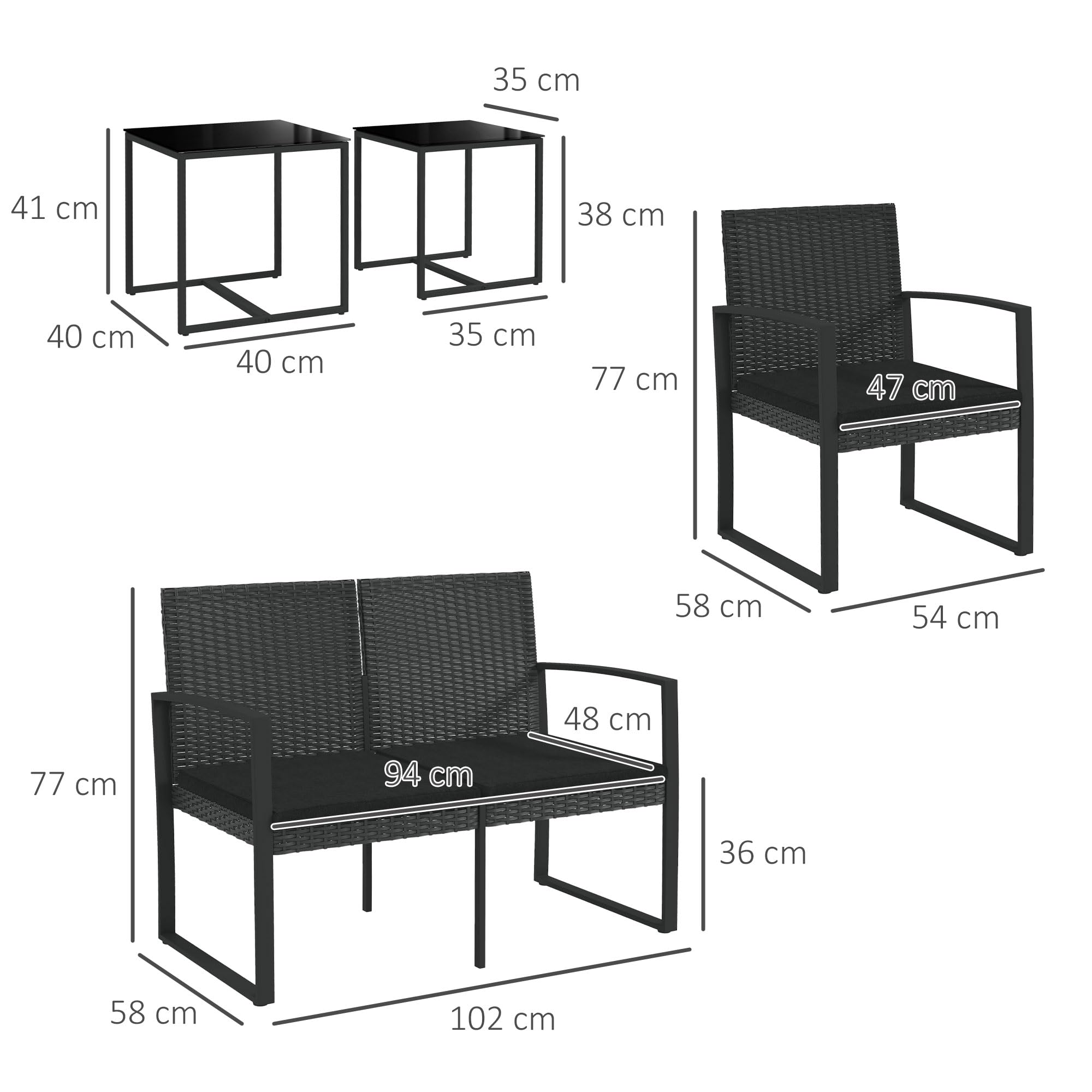 Outsunny Conjunto de Muebles de Jardín de Ratán Sintético 5 Piezas Negro | Conjunto Jardín Exterior, 2 Sillones, 1 Sofá de 2 Plazas, 2 Mesas de Centro, para Patio Terraza