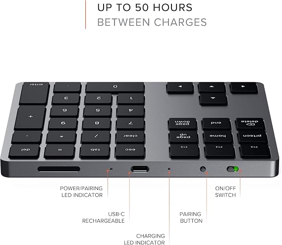 Satechi Bluetooth Extended Numeric Keypad (U.S. English Layout), Slim Rechargeable 34-Key Numberpad, for MacBook Air/Pro/Neo, iPad Air/Pro, iPad mini, Mac mini, iMac - Space Gray