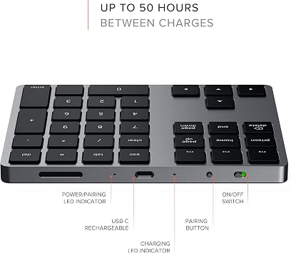 Satechi Bluetooth Extended Numeric Keypad (U.S. English Layout), Slim Rechargeable 34-Key Numberpad, for MacBook Air/Pro/Neo, iPad Air/Pro, iPad mini, Mac mini, iMac - Space Gray