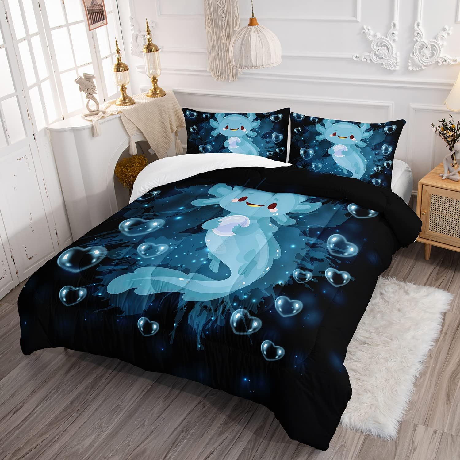 HOSIMA Axolotl Comforter Set Blue Axolotl Pattern Kawaii Bed Set for Kids Bedroom Decor,Twin Bed Set for Girls with 2 Pillowcases. image 3