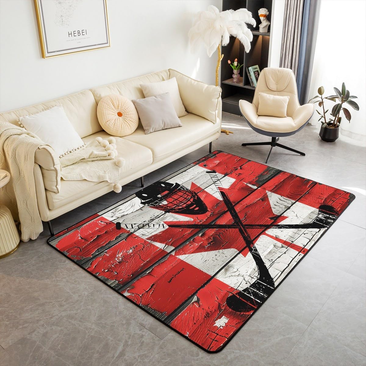 Castle Fairy Ice Hockey Helmet Extreme Ball Sports Area Rug 3'x5', Puck Ball Non Slip Rug for Kids Teen Boys Women Men,Canadian Flag Red Maple Leaf Indoor Floor Mat for Dining Room Backyard Decor