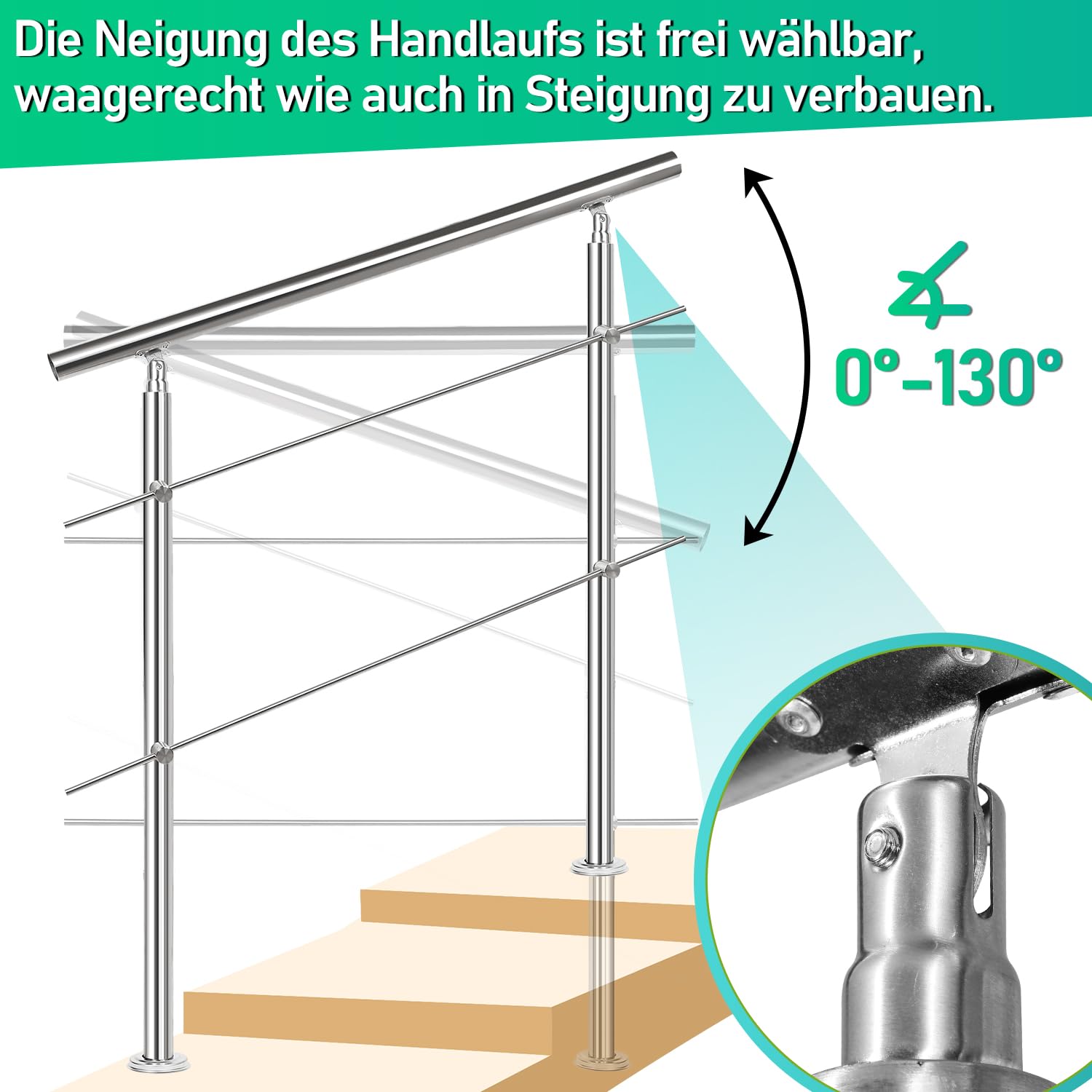 Lospitch Edelstahl Handlauf Geländer, Treppengeländer Innen und Außen, Geländer treppe für Balkon Brüstung Treppen, Winkelverstellbar, Ø 42mm(180cm, 2 Querstreben)