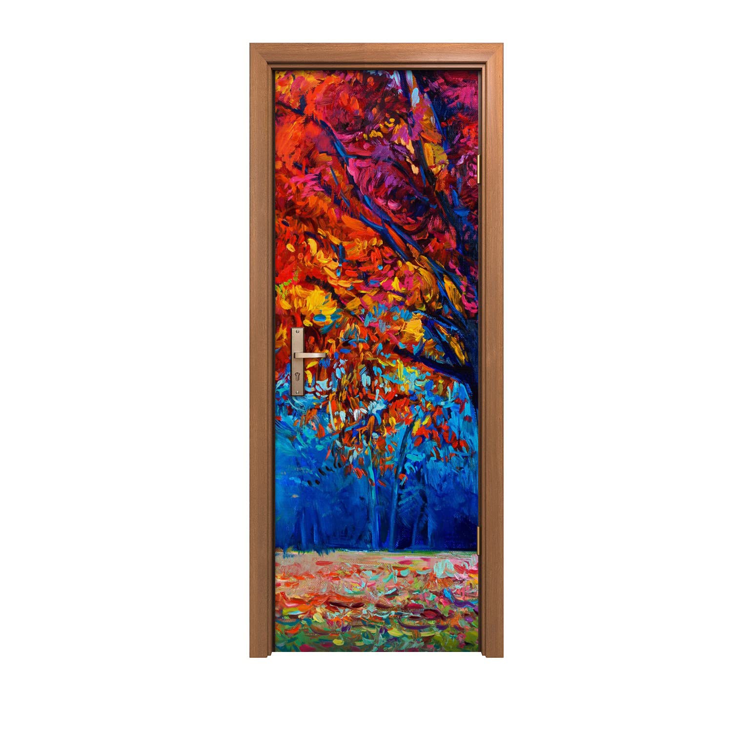 Murale de porte design feuilles de forêt décoration autocollante intérieur 70x200cm