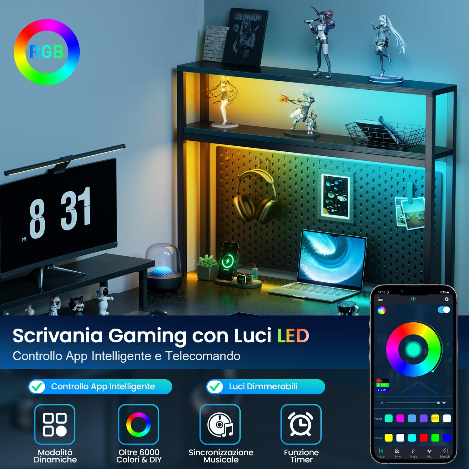 HLFURNIEU Scrivania Angolare con LED, 150 x 100 cm Scrivania Gaming a L con 3 Prese & 2 Porta USB, Tavolo Angolo Salvaspazio, con Libreria, Cassetti & Borsa Portaoggetti, Supporto per Monitor, Nero