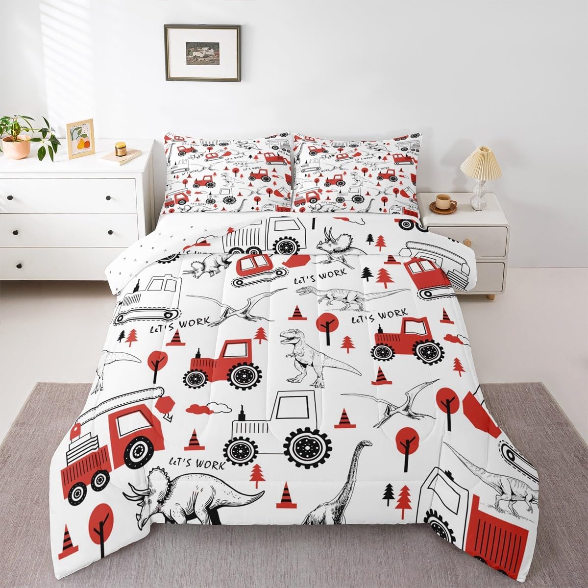 Feelyou Kids Construction Comforter Set Twin Size Construction Vehicles Bedding Set for Boys Dinosaur Comforter Jungle Dino Truck Red Duvet Set Bedroom Quilt Set 2Pcs with 1 Pillow Case