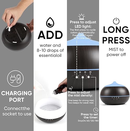 Miniatura 5 de HAPPTWS Difusor de aceite esencial de 16.9 fl oz, difusor ultrasónico de aromaterapia sin BPA, con 7 luces de color, apagado automático sin agua