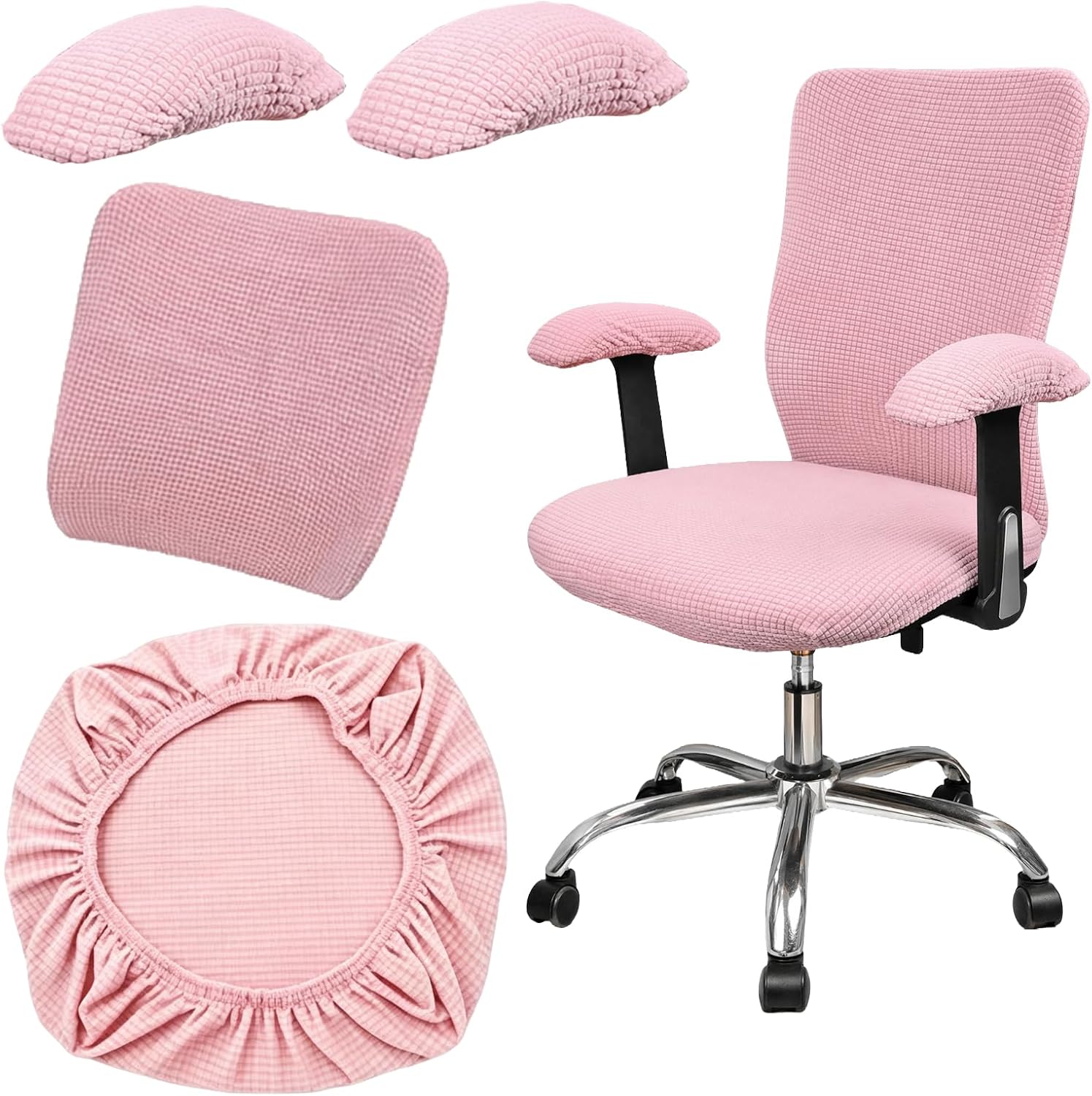 4 Pcs Office Chair Covers, Universal Computer Chair Covers, Stretchable Slipcovers with Armrest Pads Protective Set for Rotating Office Chairs Accessories (Pink)