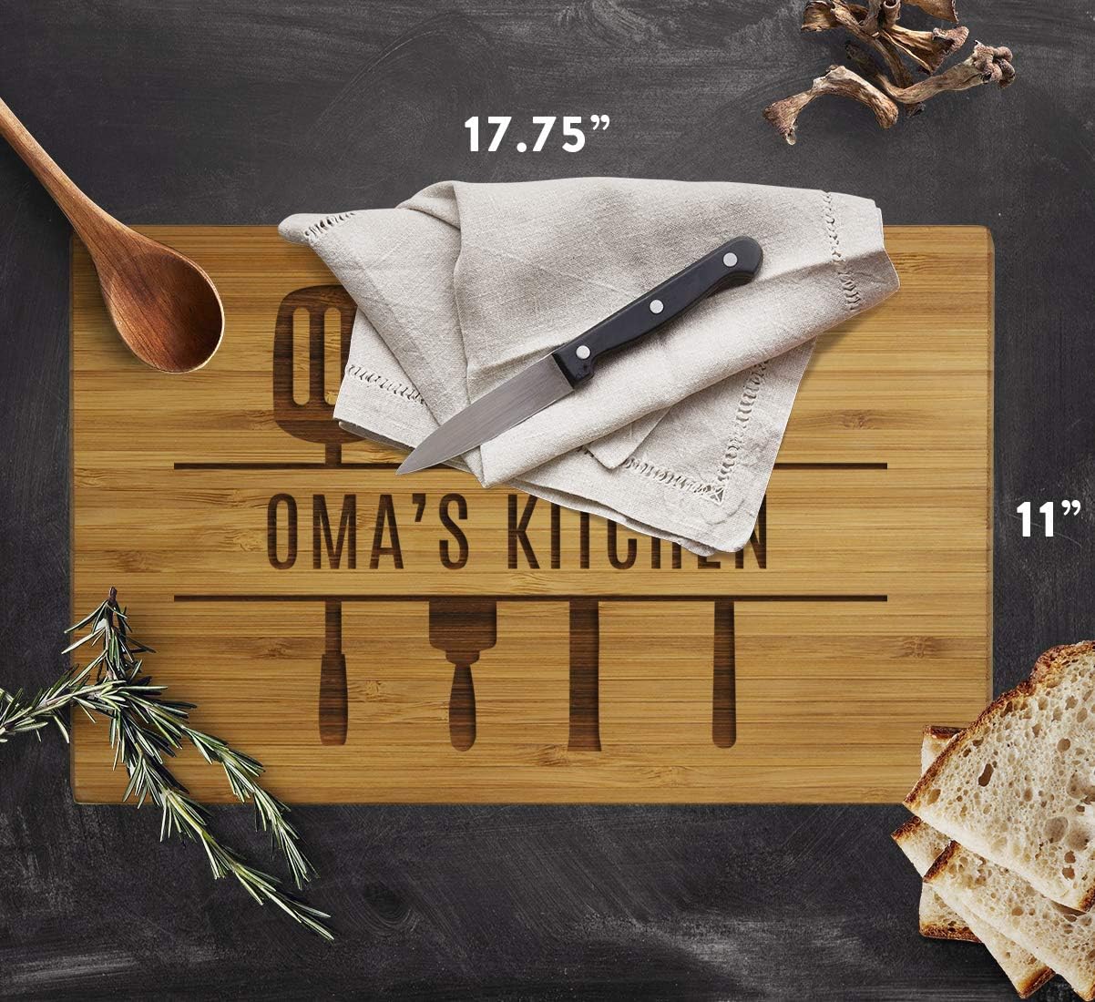 Andaz Press Large Bamboo Wood Cutting Board Gift, 17.75 x 11-inch, Oma's Kitchen, Utensils Graphic, 1-Pack, Laser Engraved Serving Chopping Board Christmas Birthday Chef Kitchen Ideas