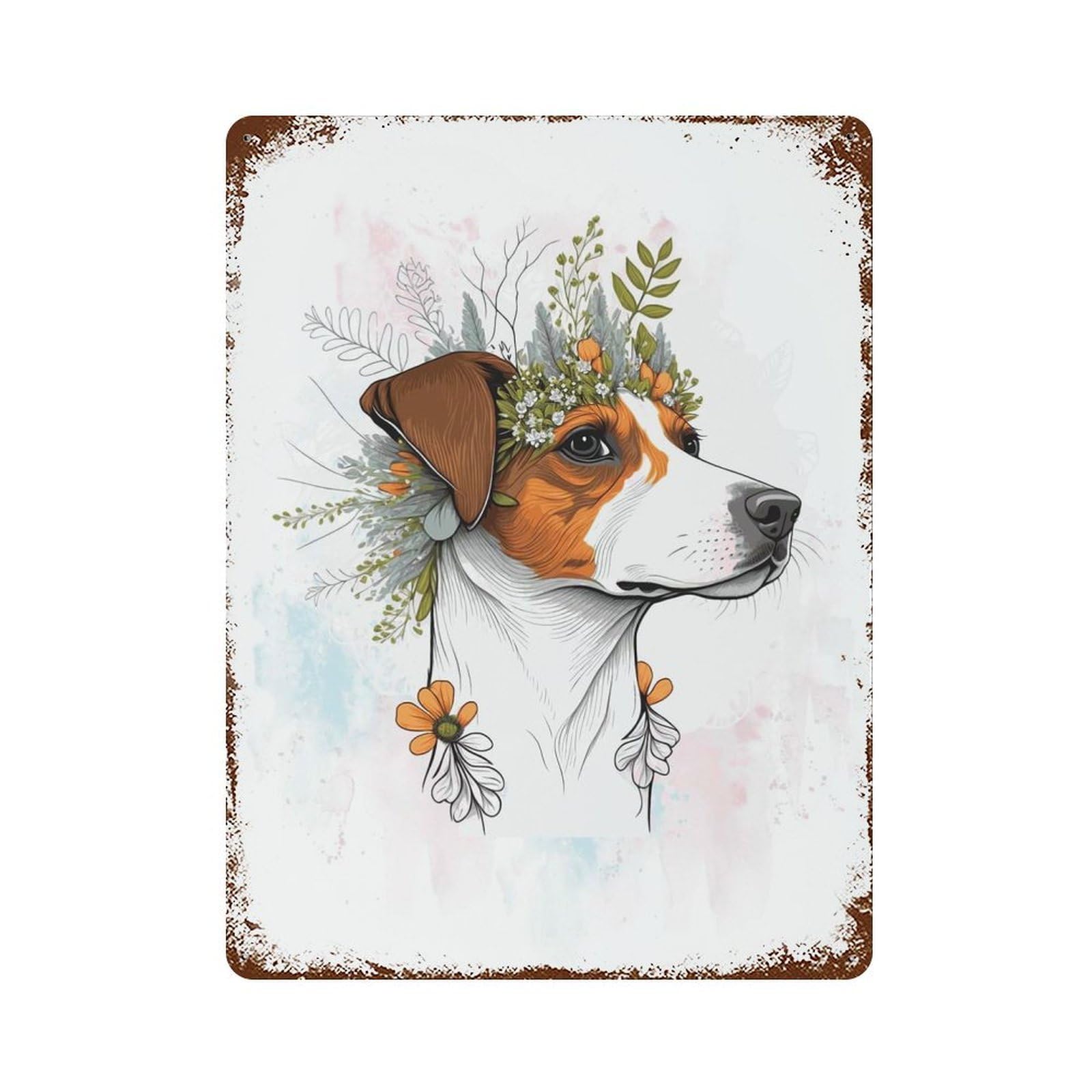 Aged Metal Wall Plaque with Jack Russel Terrier Flower Design 15.7"x11.8", for Pub, Kitchen And Man Cave Decor, Shabby Chic Decor