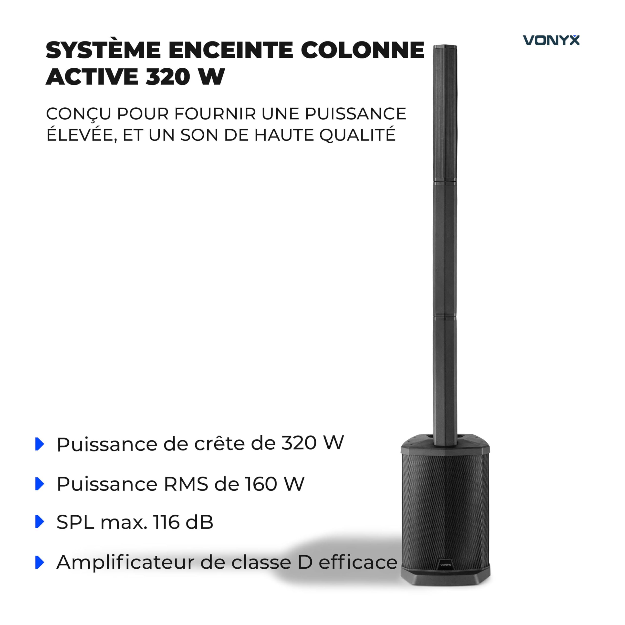 VONYX VX808B Enceinte Colonne Active 320W sur Batterie BT avec Contrôle Audio Intégré, Sono Portable DJ Extérieur et Animation