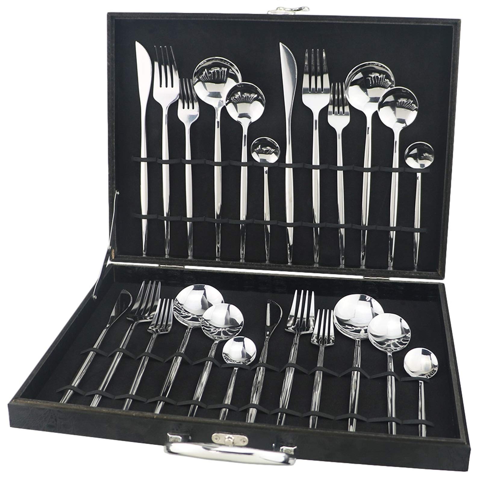 24 unids/set Negro Oro Cubiertos Cubiertos de acero inoxidable Vajilla Plateado Platware Set Cena Cuchillo Tenedor Cuchara (Color : 4set 24Pcs Black)