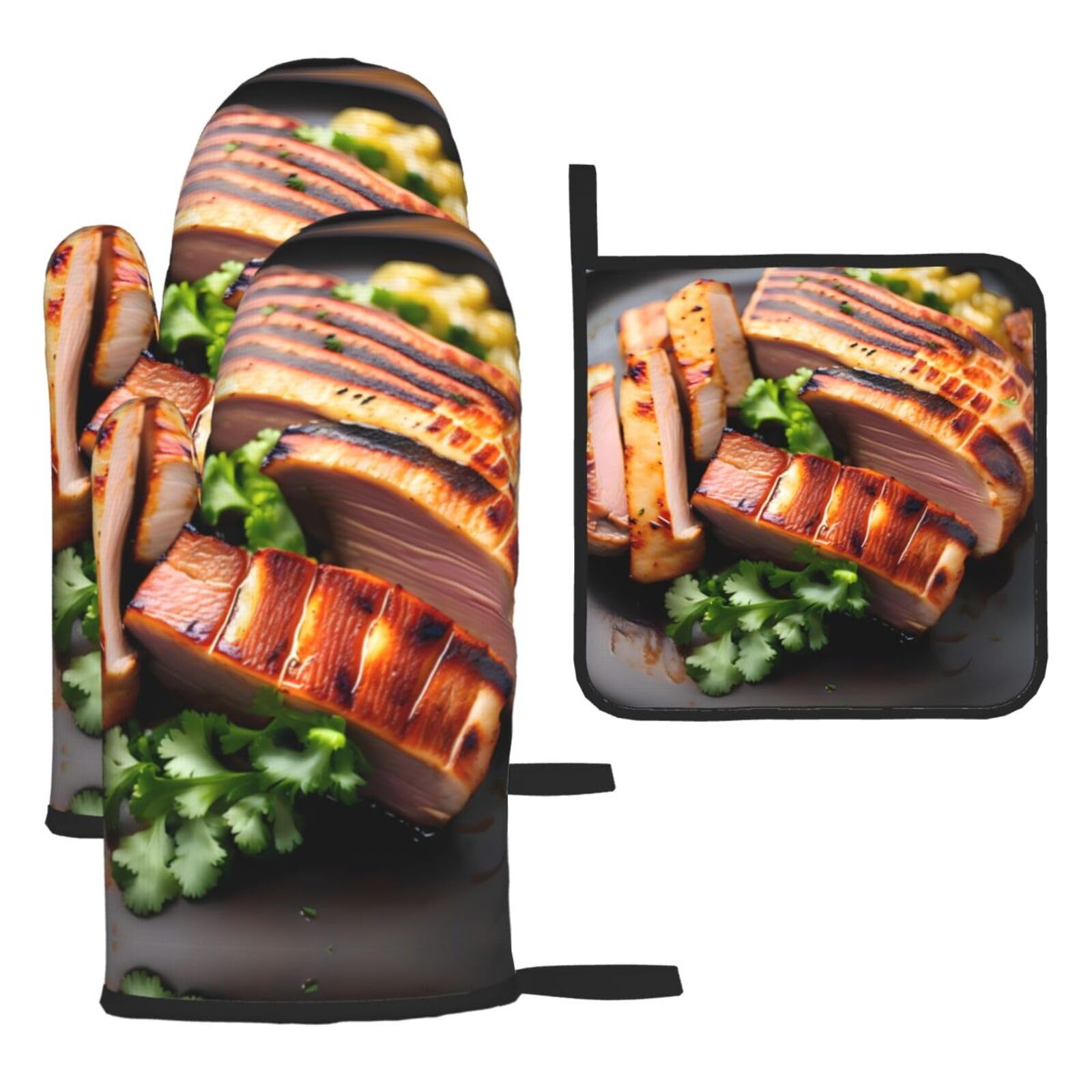 Golden Roast Oven mittens and oven mitts three-piece set suitable for oven, grilling, baking, microwave and home cooking.