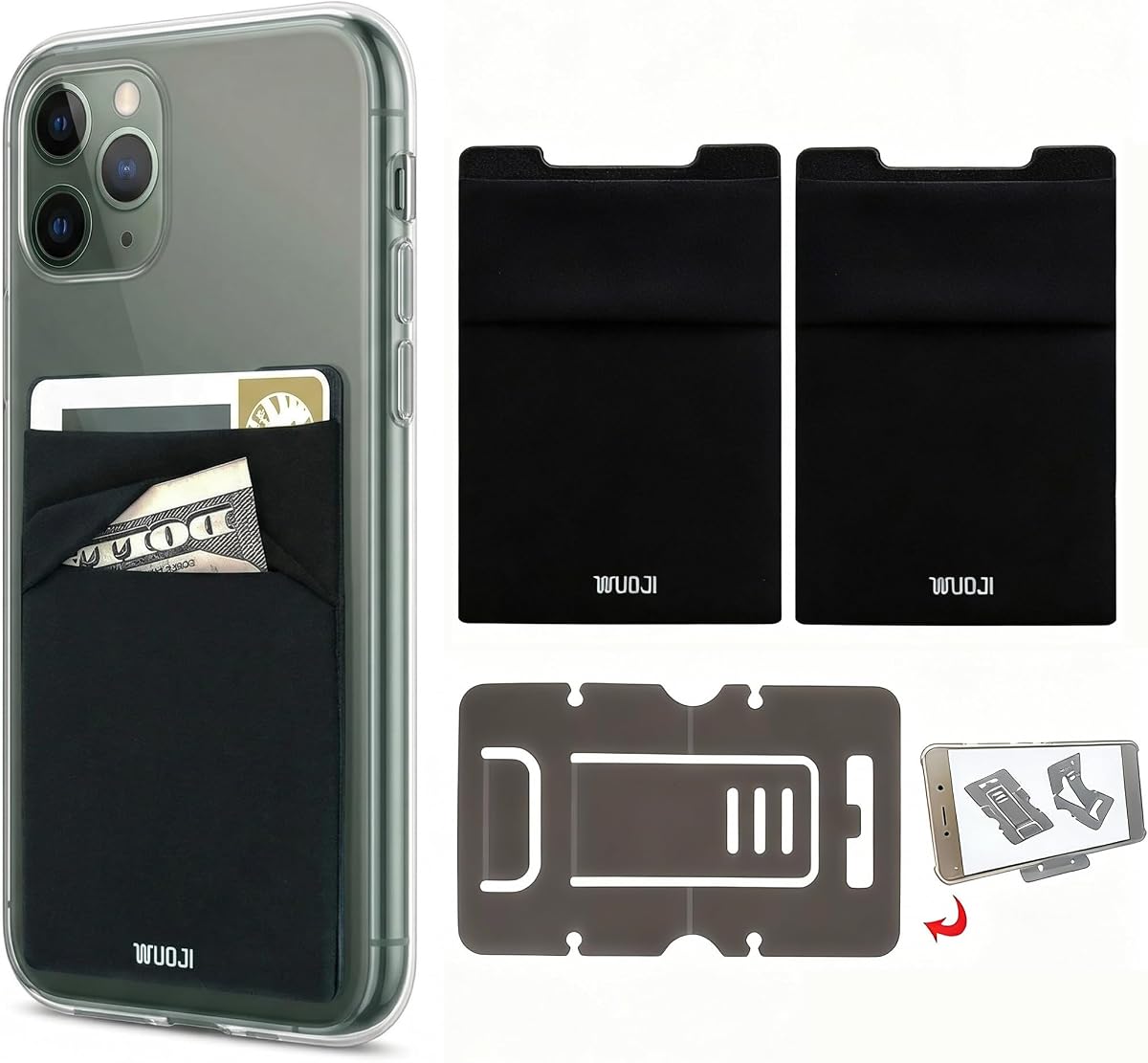 Cartera para tarjeta de teléfono con bloqueo RFID - Bolsillo doble seguro - Portatarjetas de crédito autoadhesivo ultradelgado Fundas para tarjetas Etiqueta para billetera para teléfono Todos los teléfonos inteligentes (negro) -2PC