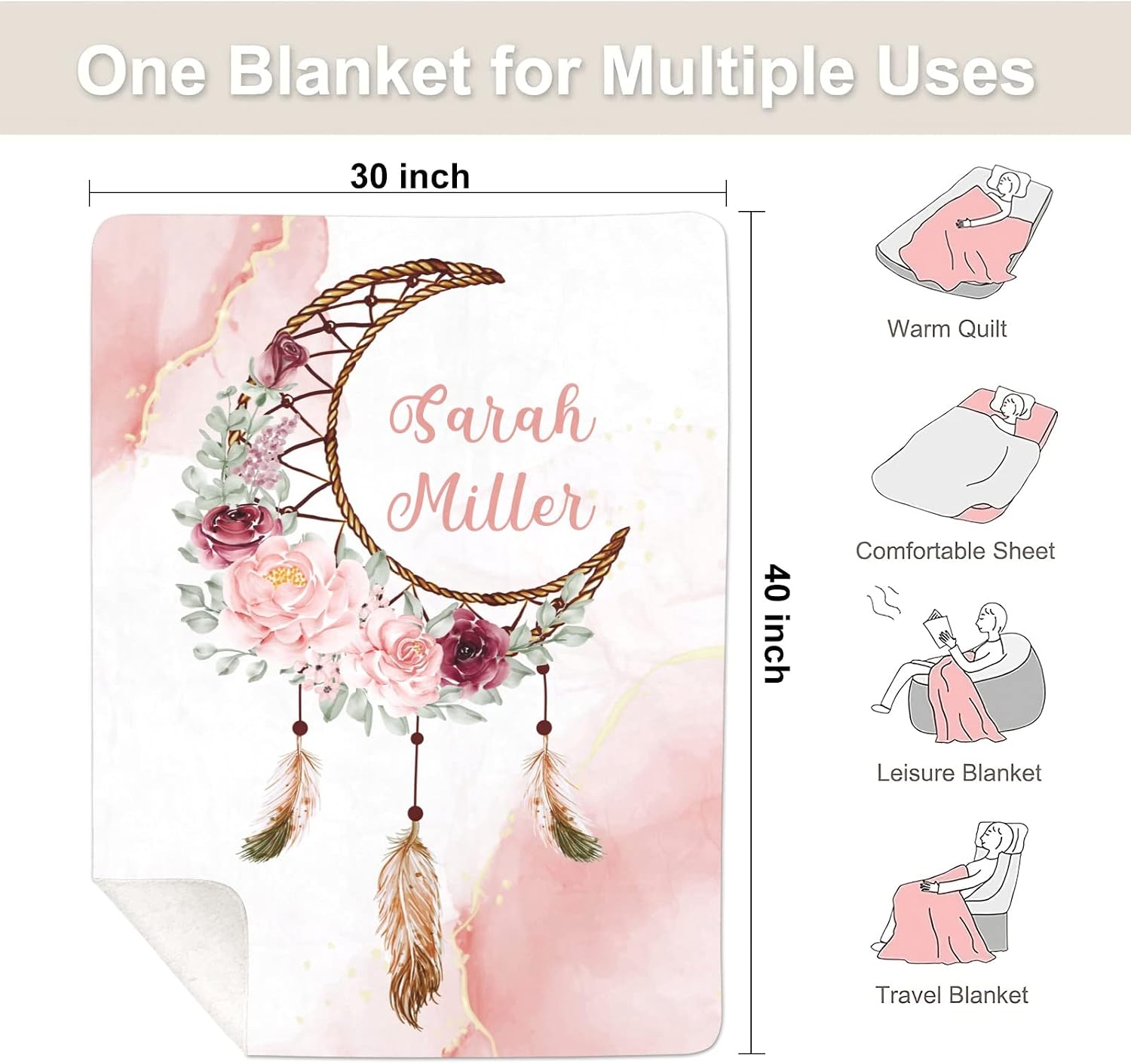 Tribal Moon Dream Catcher Pink Personalized Baby Blanket for Girl Boy Soft Warm Newborn Throw Naps Swaddle Custom Blanket 30X40 in, 30 * 40 IN