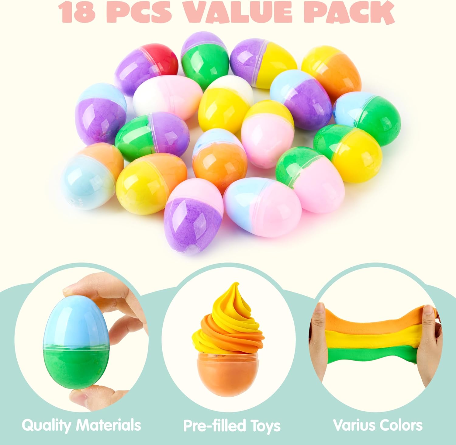 JOYIN 18 Pcs Pre-Filled Easter Eggs with Butter Slime, Dual Colored Putty Slime Eggs for Kids Girl Boy Easter Basket Stuffers, Goodie Bag Fillers, Classroom Prize and Party Favors