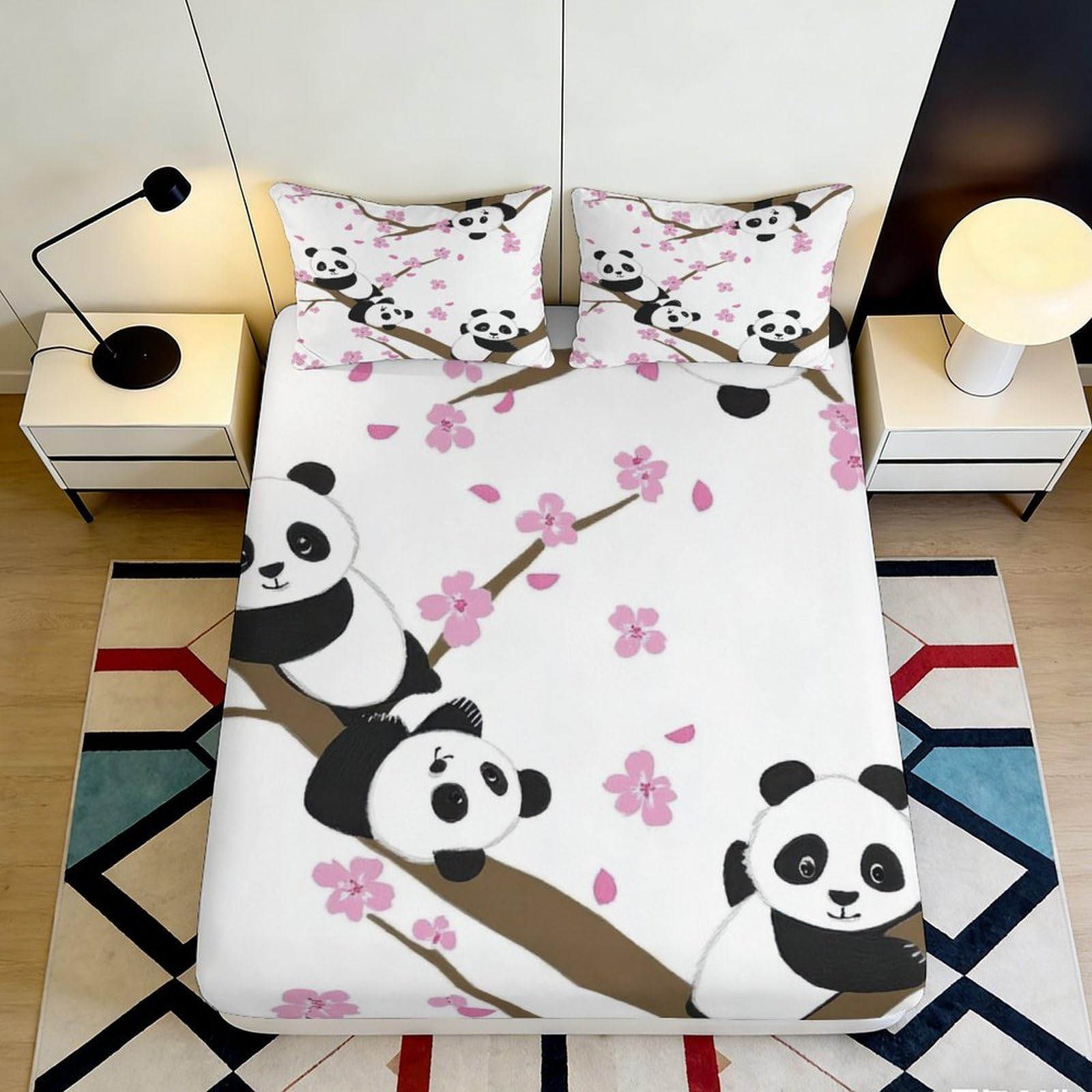 3D Printed Panda Cherry Blossom Fitted Sheet Microfiber Soft Bed Cover for Bedroom Dorm Mattress Protection Decor 90x200x25cm