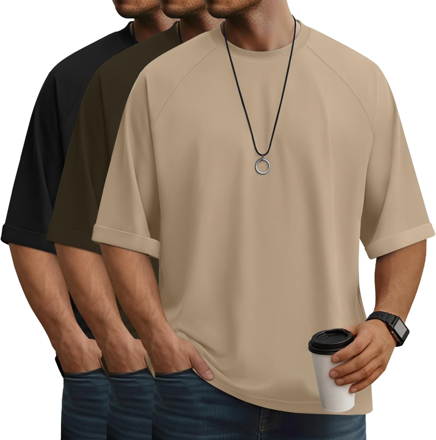 3 Pack Men' s Oversized T-Shirts Short Sleeve Loose Fit Shirt Workout Tops Crew Nec...