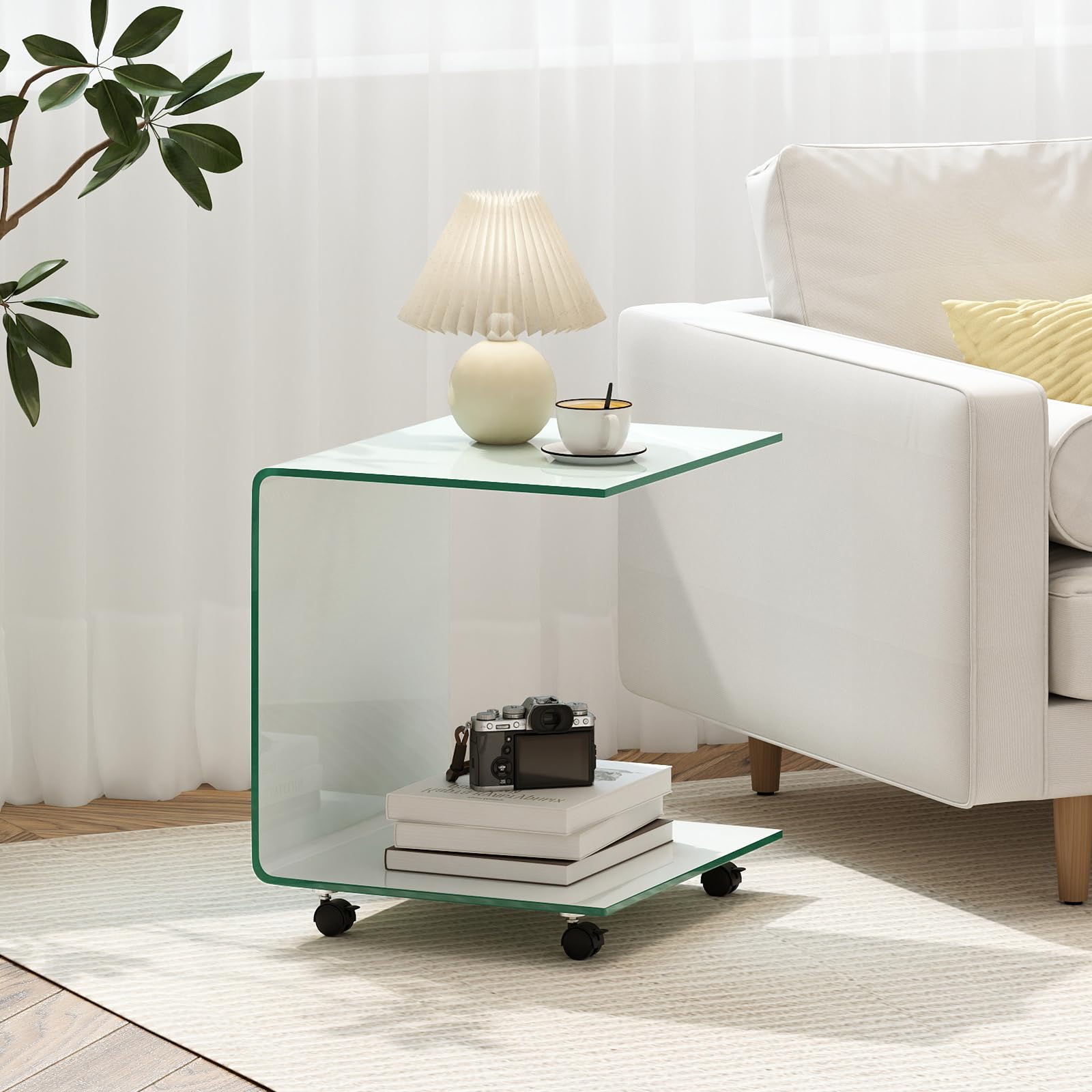 COSTWAY Mesas Auxiliares de Cristal, 45 x 45 x 41 cm, 2 Formas, Mesas de Centro Pequeñas, Mesa Auxiliar Salon Sofa de Vidrio Templado, Mesa para Café (Blanco,con Ruedas)