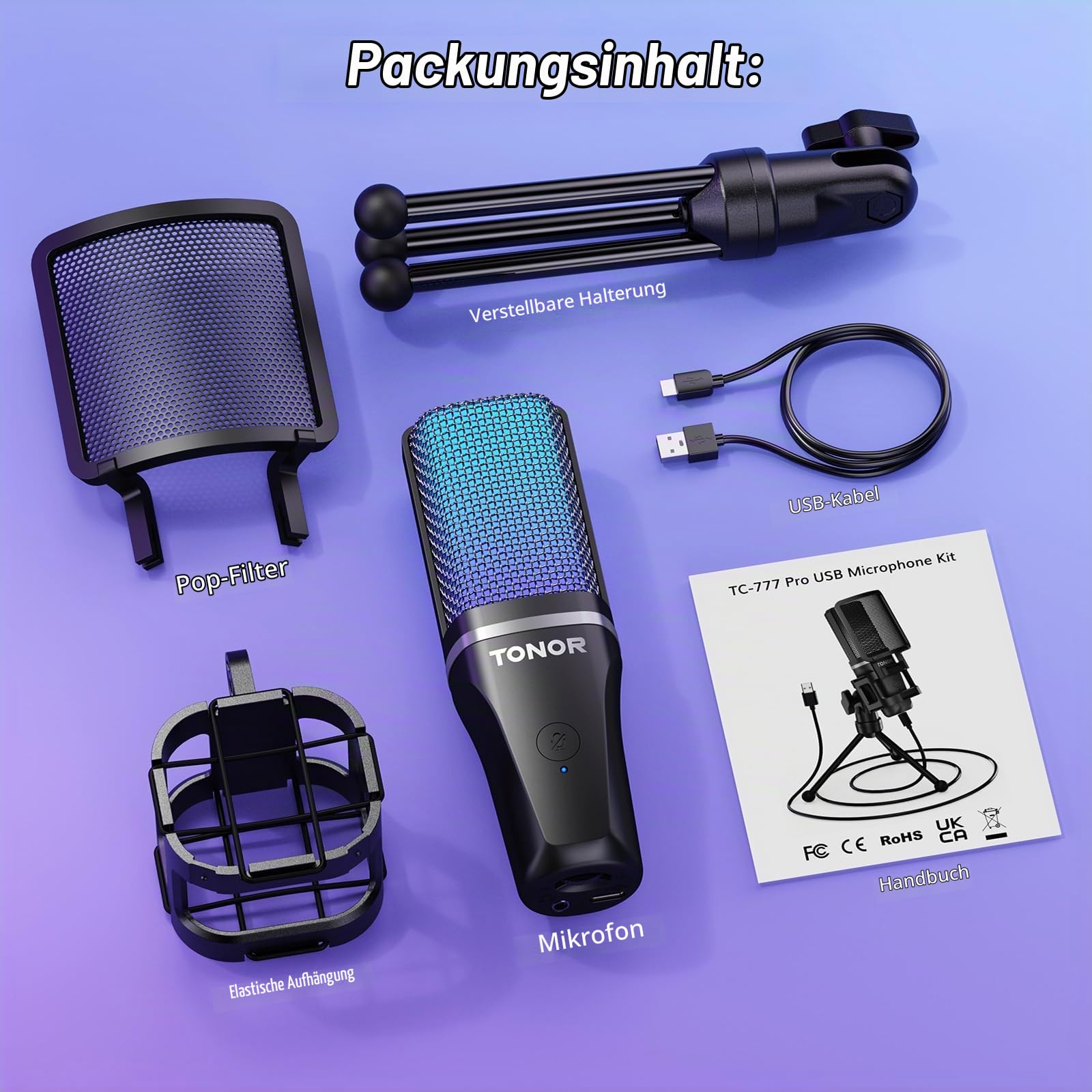 TONOR RGB Mikrofon PC USB Computer Gaming Standmikrofon, Nierencharakteristik Microphone mit Stativ Popschutz Tischmikro Mic Microfono mit Ständer für Game YouTube Konferenz Singen PS4 PS5, TC777 Pro