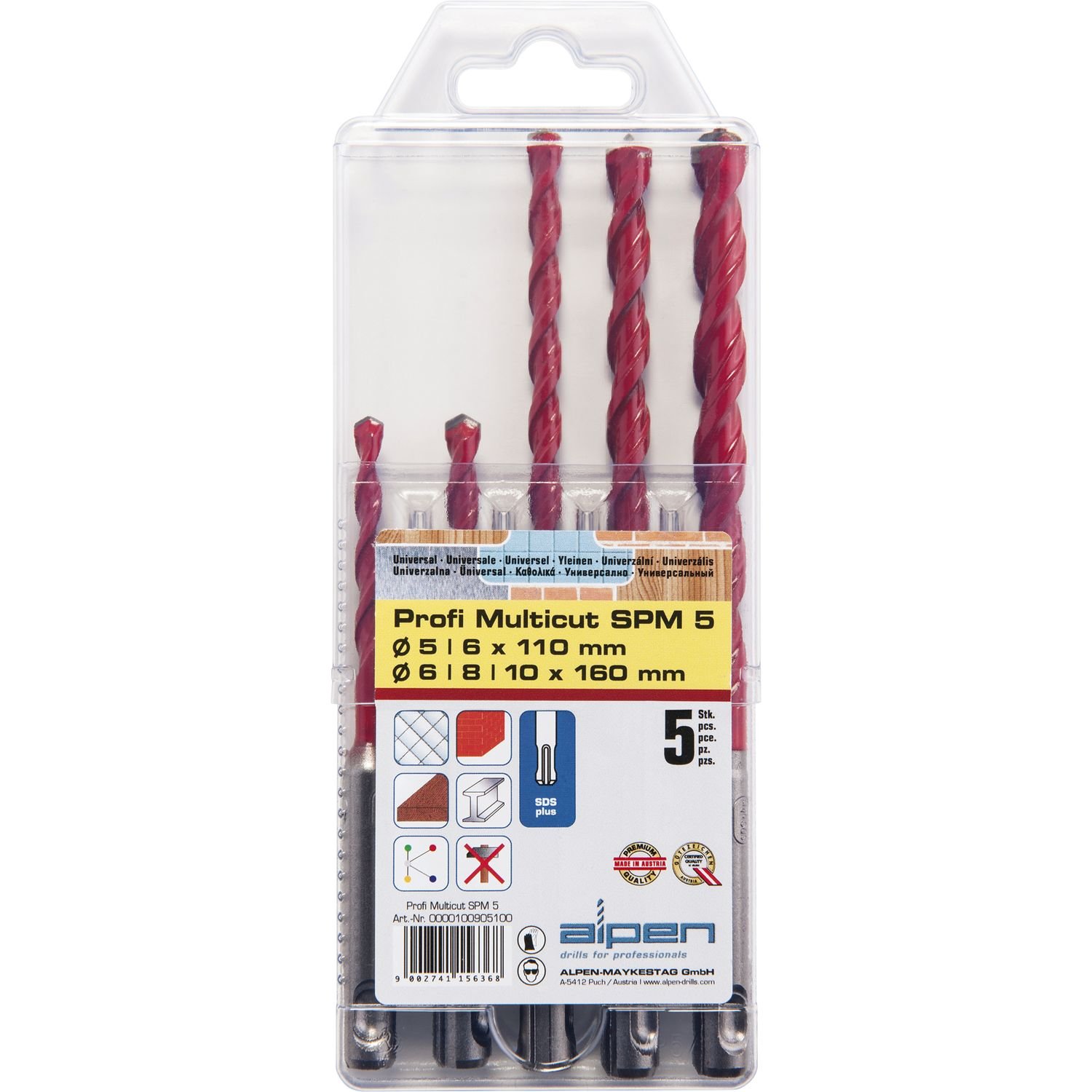 Alpen 100805100 Tungsten Carbide Multi Purpose Drill Bits "Profi Multicut" Atm Hex 4-5-6-8-10mm 5 Pcs