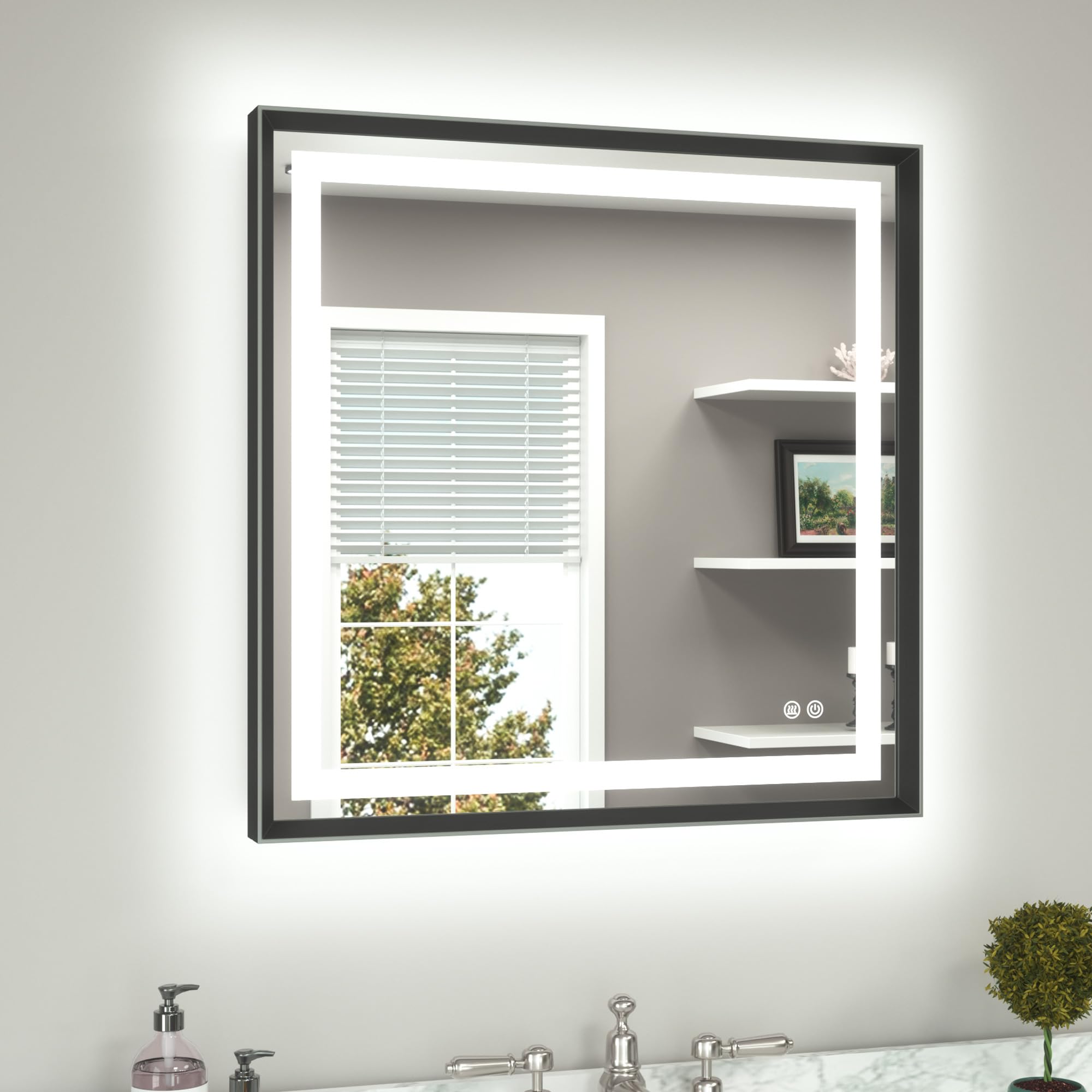 TETOTE Led Bathroom Mirror 30 x 30 with Brushed Black Frame Anti-Fog Frontlit &amp; Backlit Vanity Mirror Stepless Dimmable Lighted Mirrors for Bathroom Wall 3 Colors White/Warm/Natural Wall-Mounted