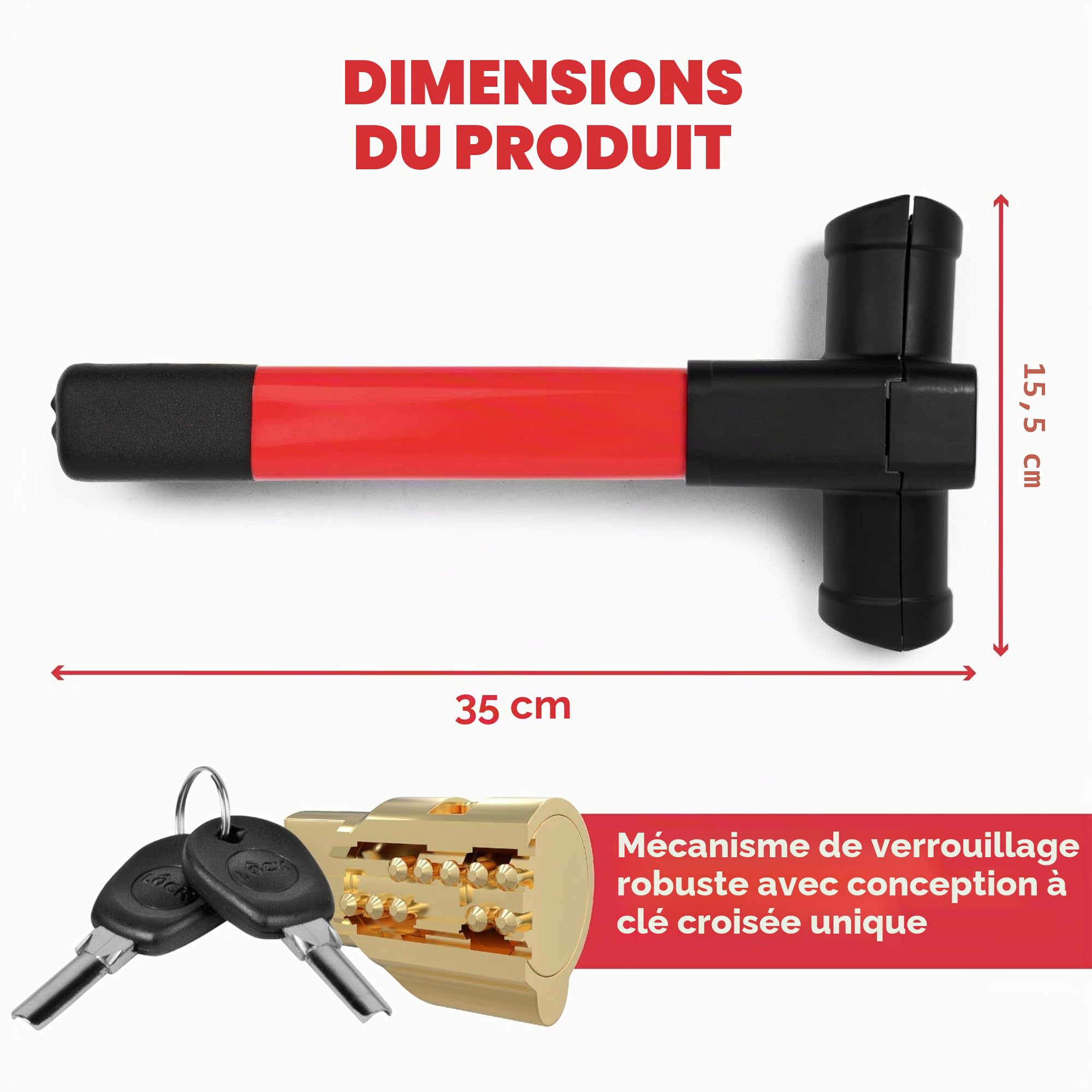 GADLANE Verrou de volant en T rouge – Dispositif antivol de voiture haute visibilité – Verrouillage de direction de voiture adapté à la sécurité de voiture pour voiture, van et caravane, 2 clés –