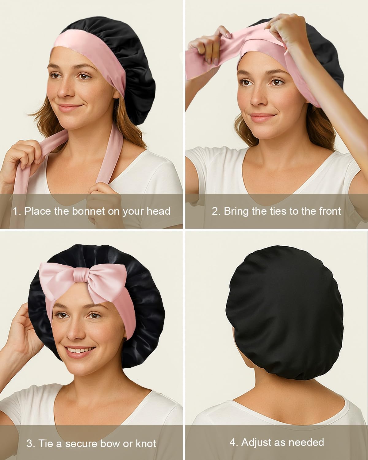 DAISYSILK 100% Mulberry Silk Bonnet for Sleeping Women – Large Hair Wrap with Adjustable Tie, Soft & Comfortable Color Block Sleep Cap, Black + Pink