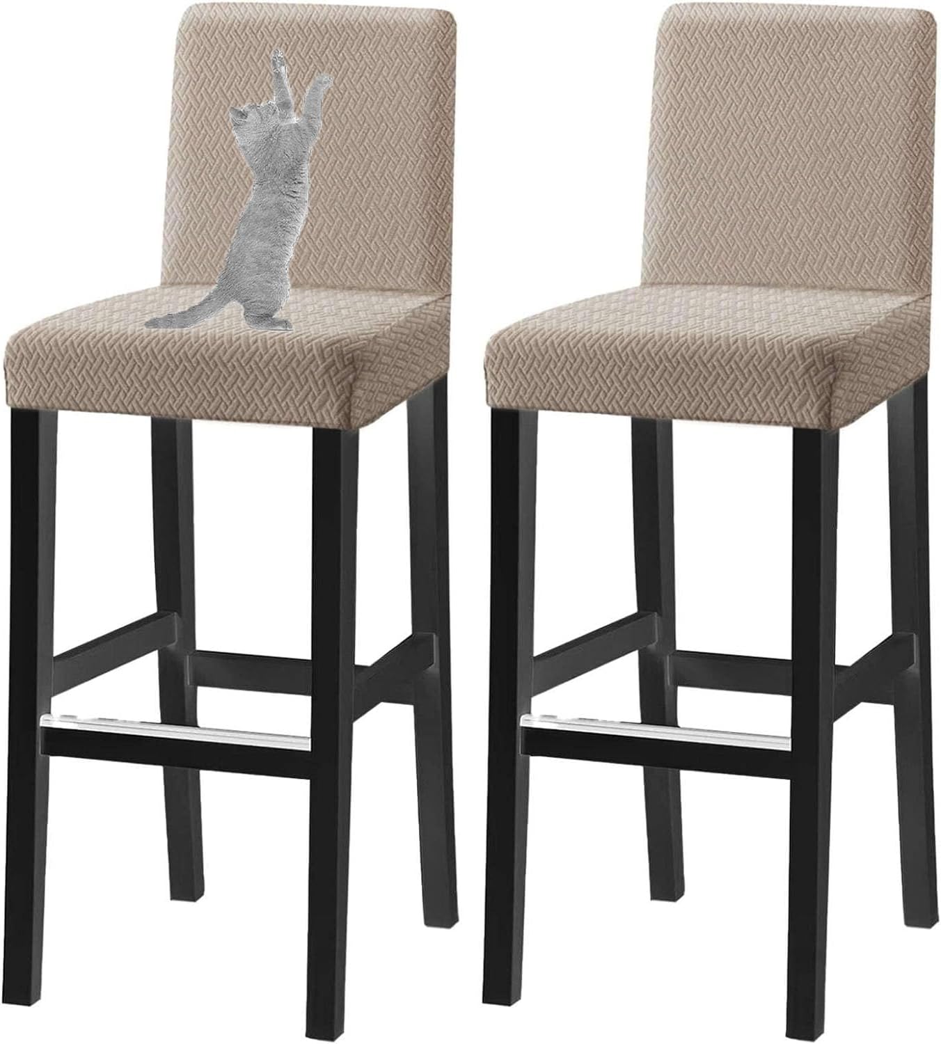 Jacquard Bar Stool Covers with Backs Cat Scratch Proof, Stretch Pub Stool Chair Covers Soft Barstool Covers Washable for Bar Banquet (Khaki,Set of 4)