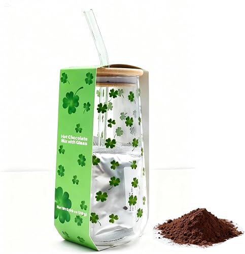 Shamrock Glass Tumbler Gift Set with Cocoa Mix – 17OZ Clear Cup with Lid & Straw, Perfect as a Boba Tea Cup, Matcha Mug, or Smoothie Glass – Ideal Summer Beach Party or Birthday Gift for Women