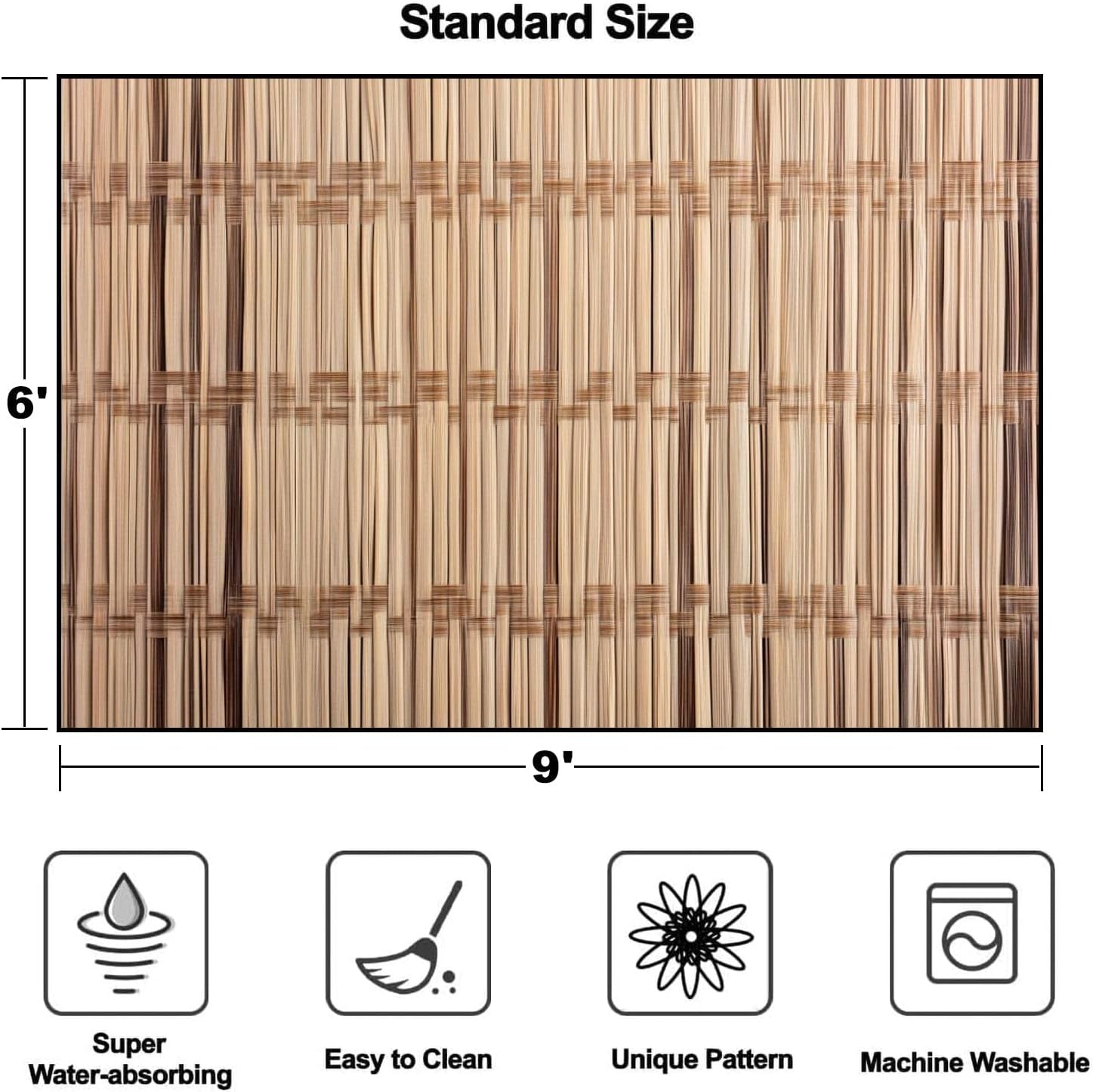 Area Rug Bamboo Woven Washable 6x9 feet Large Rugs for Bedroom Kitchen Living Room Non Slip Outdoor Carpets Soft Mats for Home Playroom Decor
