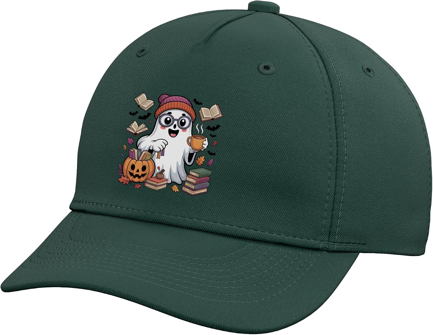 Cozy Ghost Reading Flying Books Tea Pumpkin Jack-o-Lantern Adjustable Baseball Hat