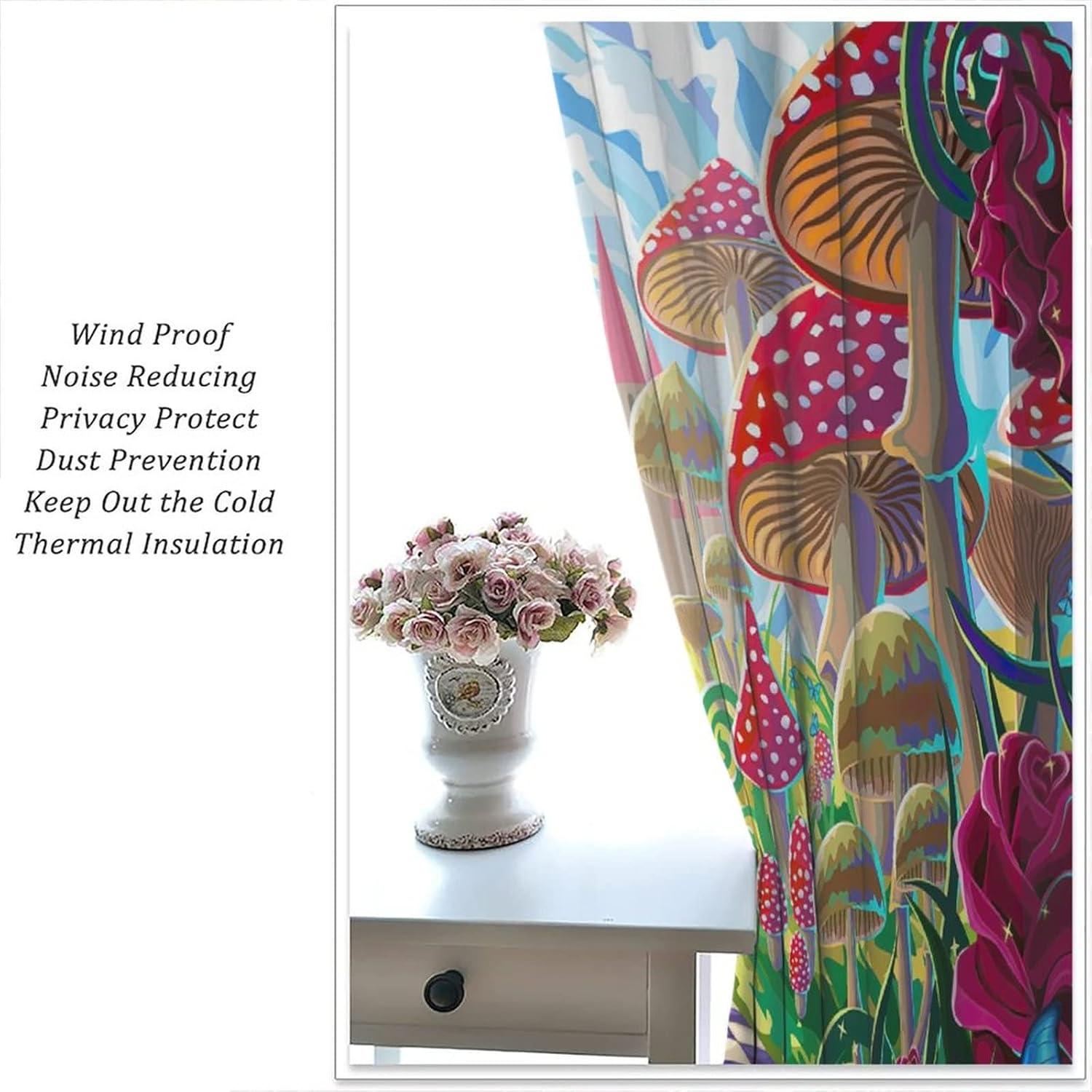 Mushroom Curtains,Cartoon Fantastic Red Roses Butterfly Theme Room Darkening Door Window Rod Pocket Curtain for Kids Girls Bedroom Bathroom,2 Panel Set W42xL45in
