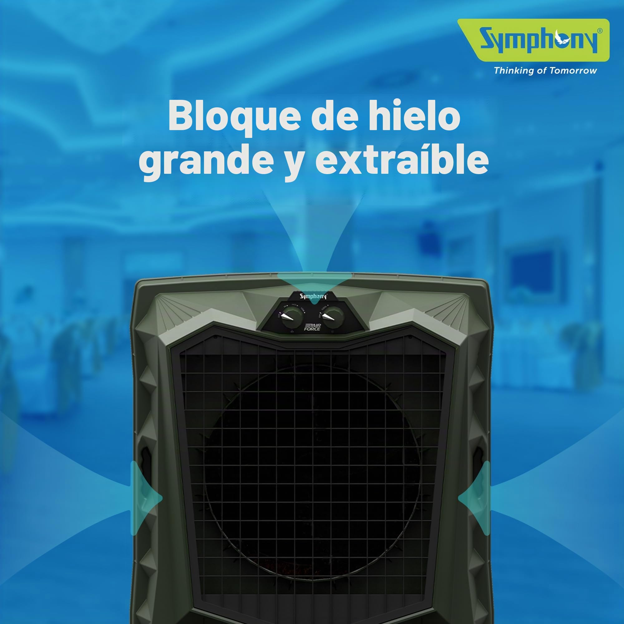 Symphony Air Force 100 Desert Air Cooler | 100L | 375W | Potente ventilador de chorro | Cuerpo resistente a la intemperie | Almohadilla de refrigeración grande de panal | Fácil llenado | Ruedas
