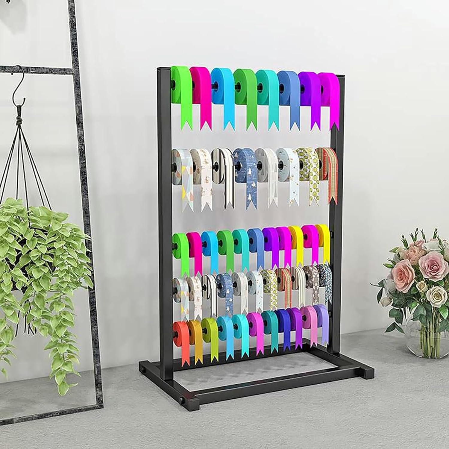 Ribbon Stand for Craft Room, Scarf Belt Tie Display Storage, Metal Freestanding Organizer for Flower Shop Retail Store Shopping Mall, 45 x 30 x 70cm, Black
