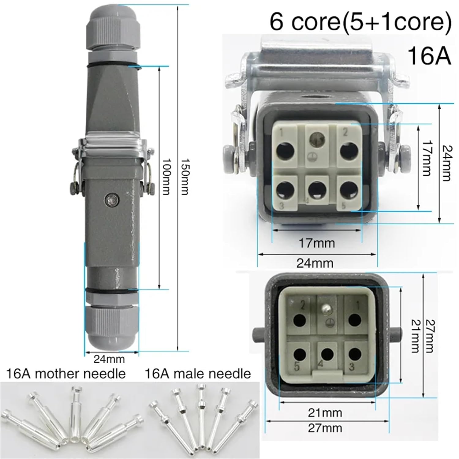 HDC-HA-5 Heavy Duty Connector 4/5/6/8 Core Pins Aviation Industry Waterproof Sand Proof Socket 250V 10A/16A(6core)