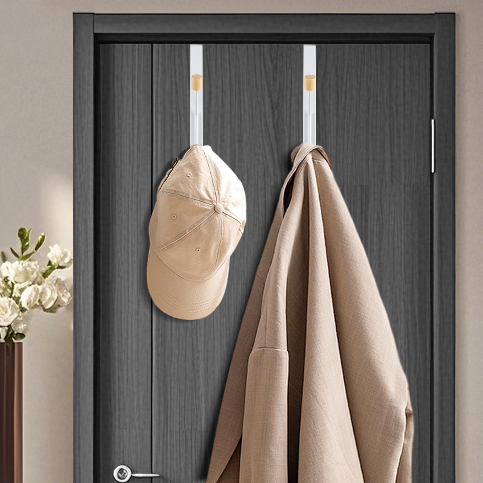 Set 2 Appendiabiti Da Porta Con Manopole In Legno - Acciaio Inox Bianco, Extra Forte, Per Spessore Porta Fino A 4,5 Cm, Per Bagno E Camera