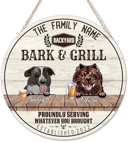 Miniatura 2 de Welcome Sign Custom Aidi Mountain Dog & Chow Chow Name Round Wooden Signs Custom Family Name Sign Dogs in Yard Rustic Woodshop Garage Wall For Home