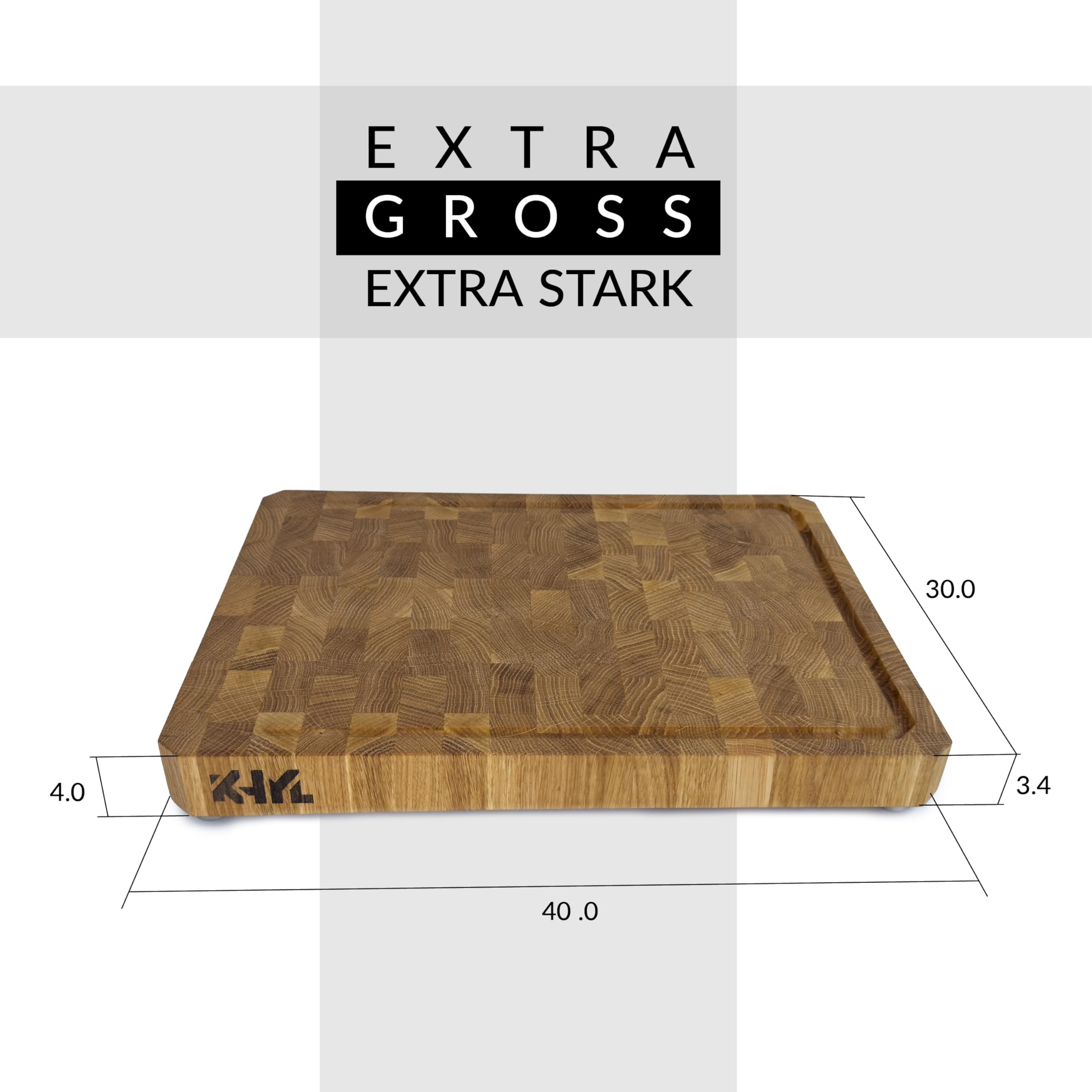 MADE IN GERMANY - KHYL® Das schräge Schneidebrett - Echtholz EICHE- 40x30x4 cm extra groß- Hirnholz Stirnholz - Extra dick, massiv – Hackbrett – Hackblock – Butcherblock