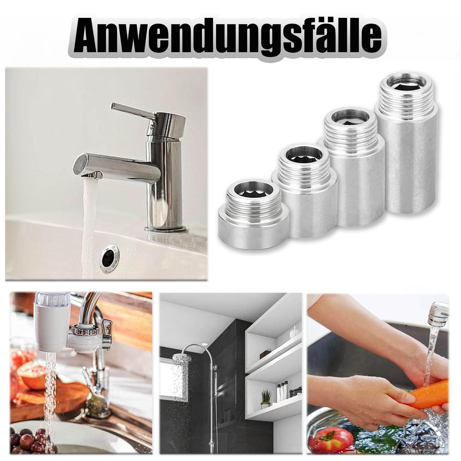 4 prolunghe per rubinetto in acciaio inox, 1/2", prolunga per soffione doccia con filettatura interna e filettatura esterna, attacco acqua 1/2" x 10 mm, 20 mm, 30 mm, 40 mm, per rubinetti e soffioni