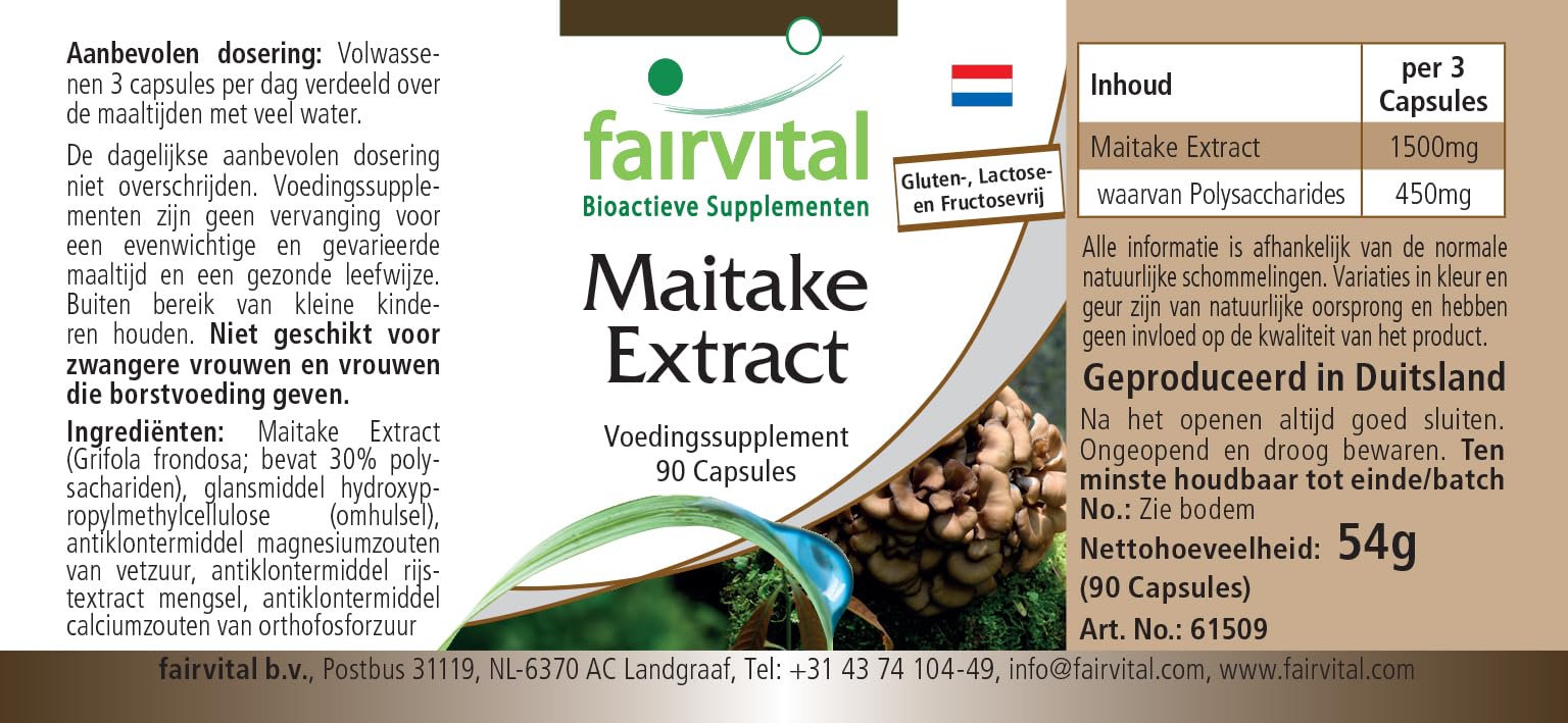 fairvital Estratto di Maitake 500 mg, 90 capsule, facili da deglutire, ALTO DOSAGGIO, Grifola frondosa, 30% di polisaccaridi, VEGANO
