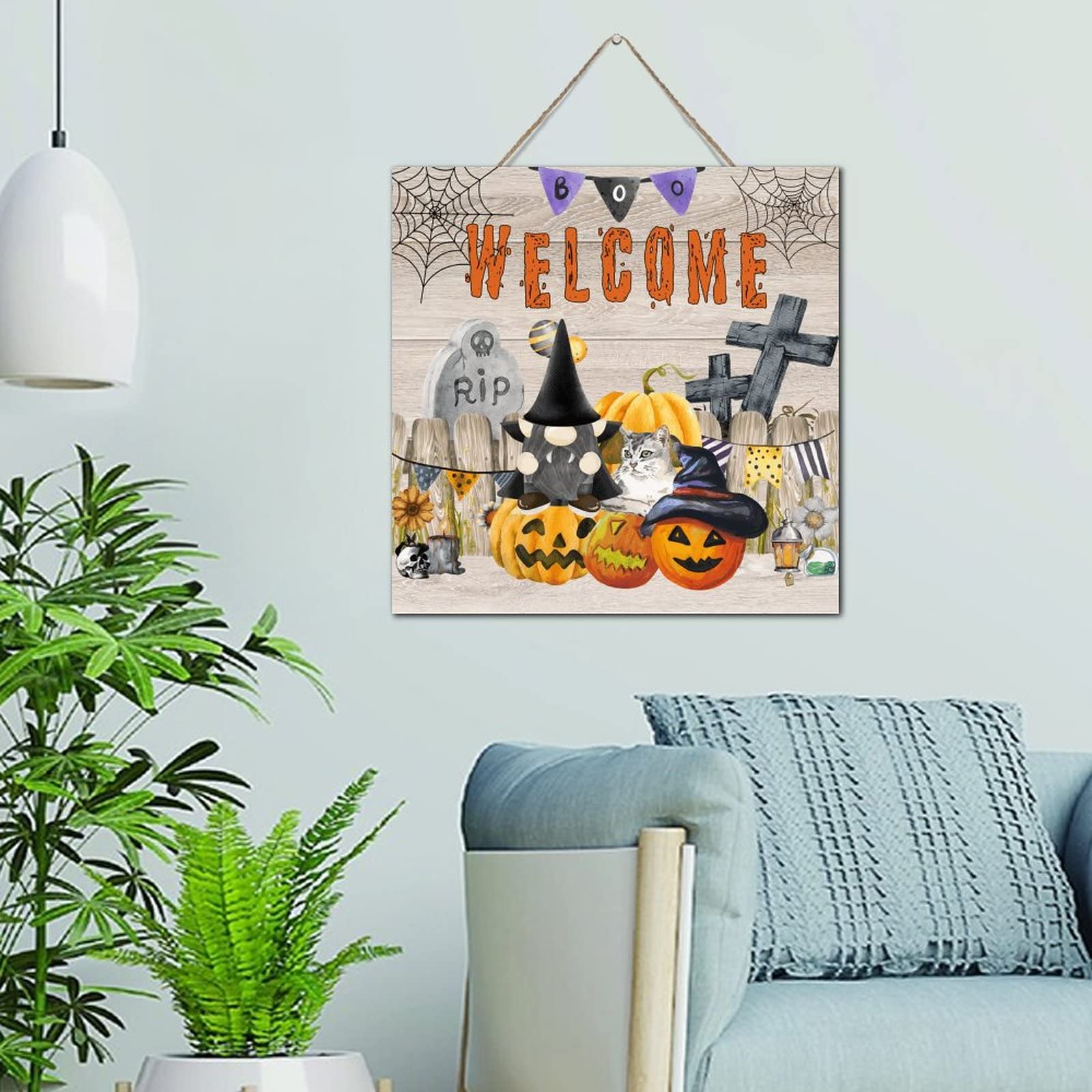 Plaque Spooky Boo Fall Welcome en bois 30x30 cm pour Halloween