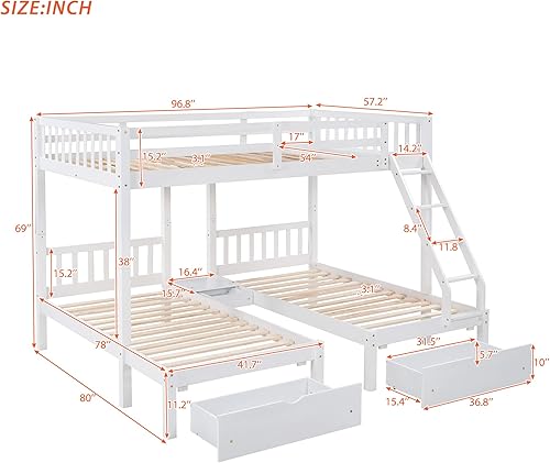 Miniatura 11 de Litera triple de madera maciza con cajones de almacenamiento y escalera, base de litera resistente con barandillas de protección para niños y